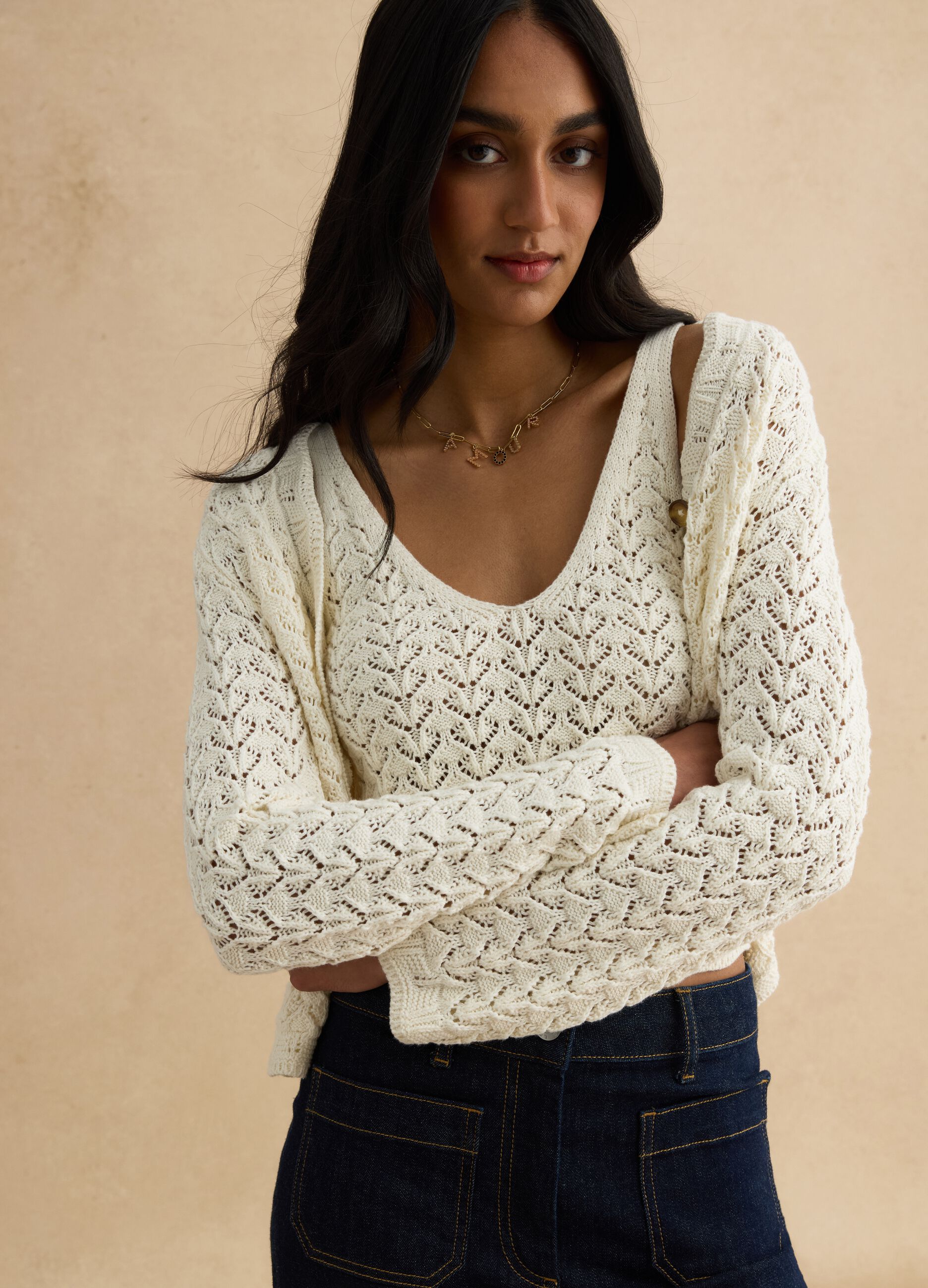 Cardigan in puro cotone bianco regular fit deep V con motivo traforato