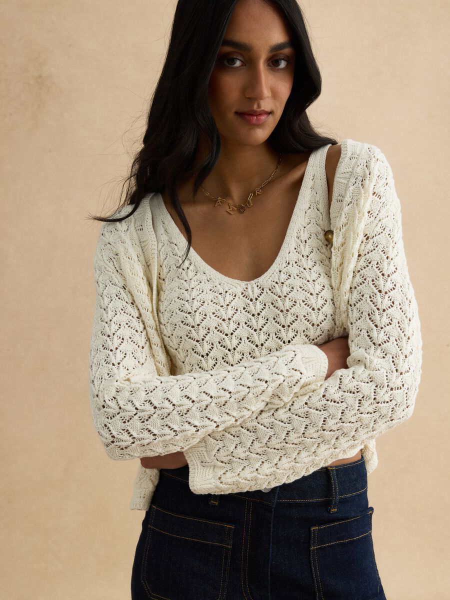 White pure cotton cardigan, regular fit deep V with openwork pattern_0
