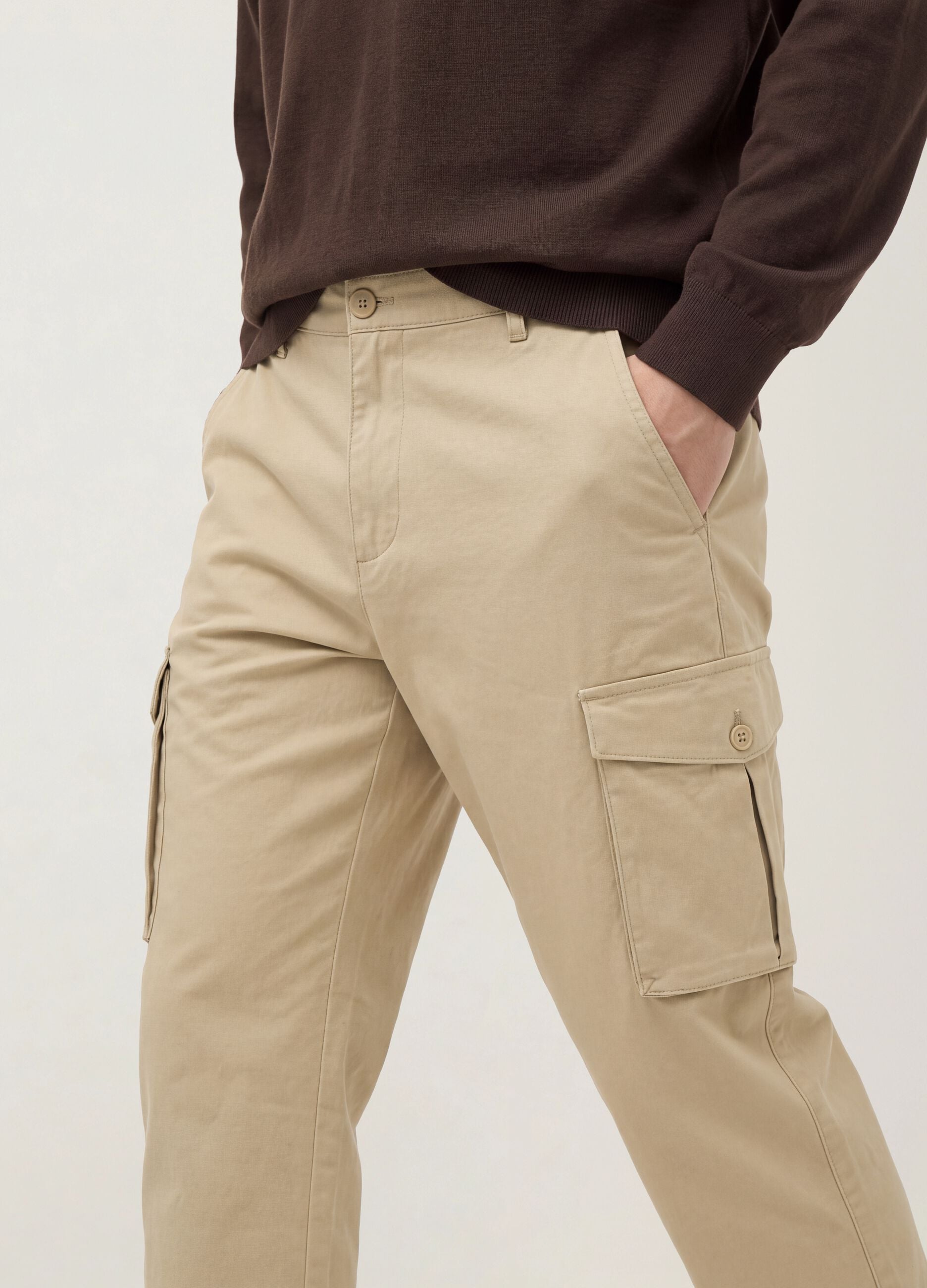 Pantaloni cargo beige in cotone elasticizzato slim fit