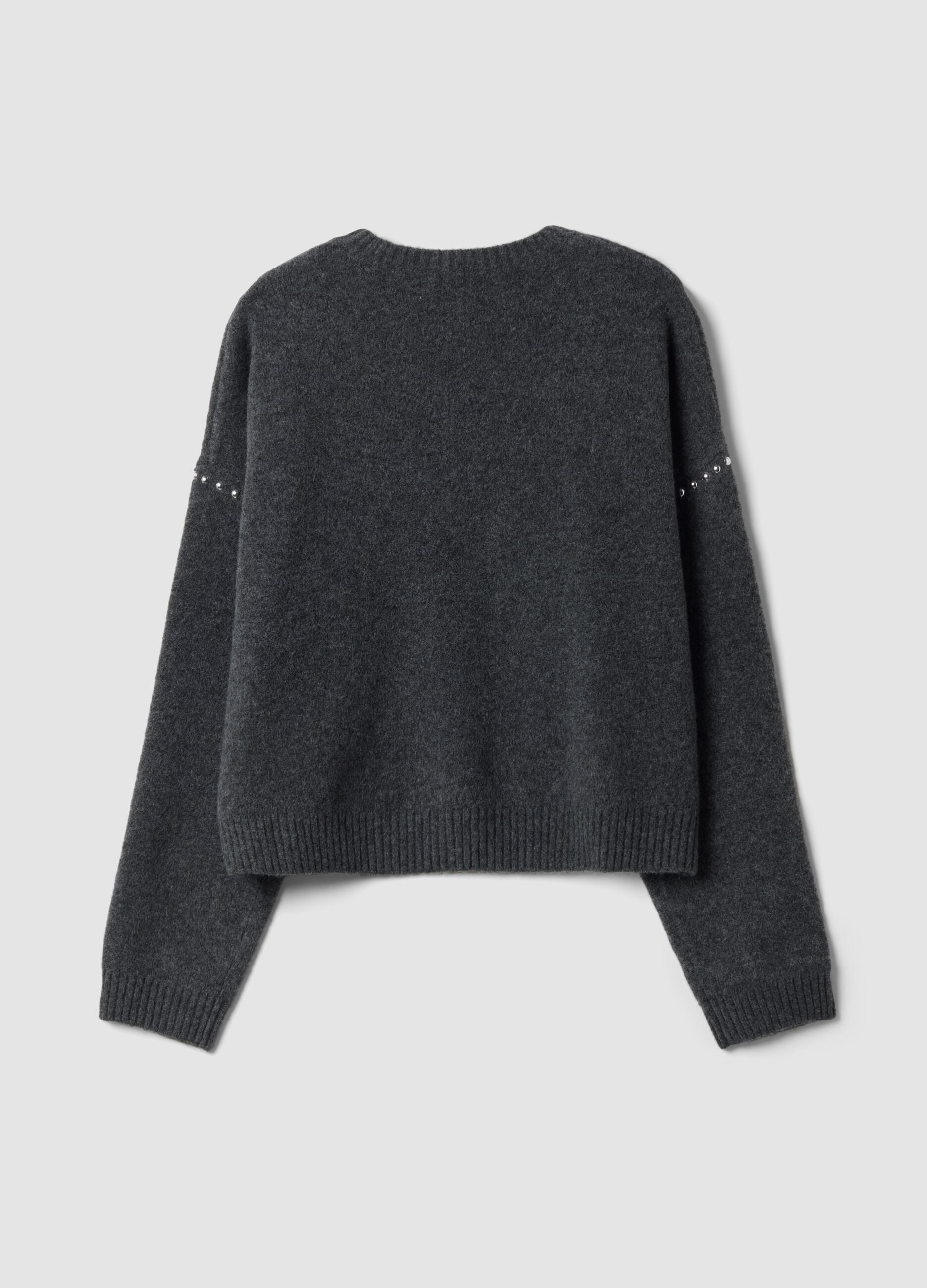 Grey stretch wool jumper with studded trims