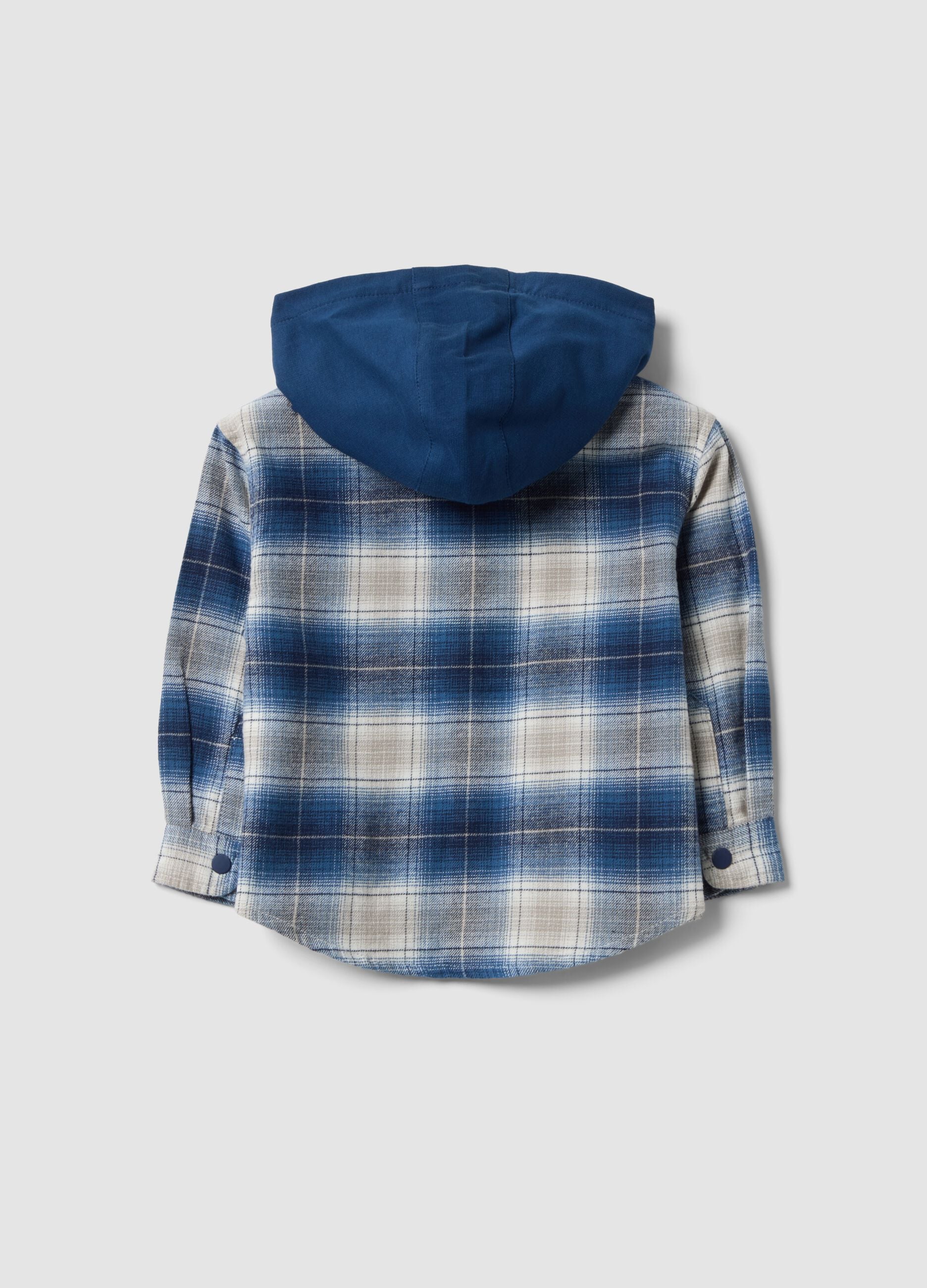 Blue check oversized cotton hooded shirt for baby boy