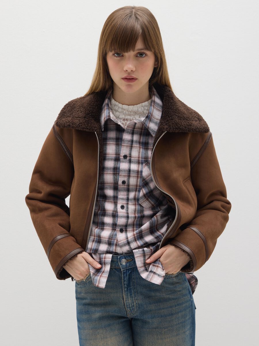 Brown jacket with zip in stretch fabric_1