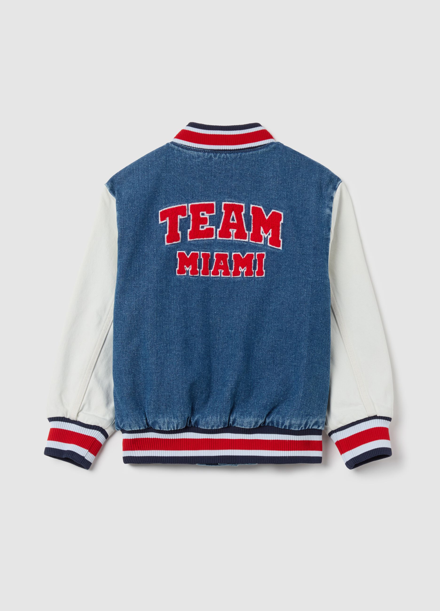 “Team Miami” bouclé denim varsity bomber jacket