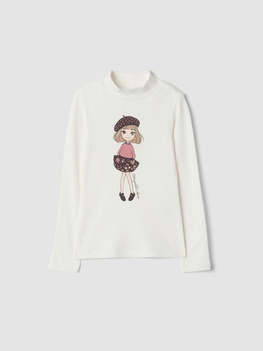 T-shirt bianca con collo rialzato in puro cotone organico con stampa_0