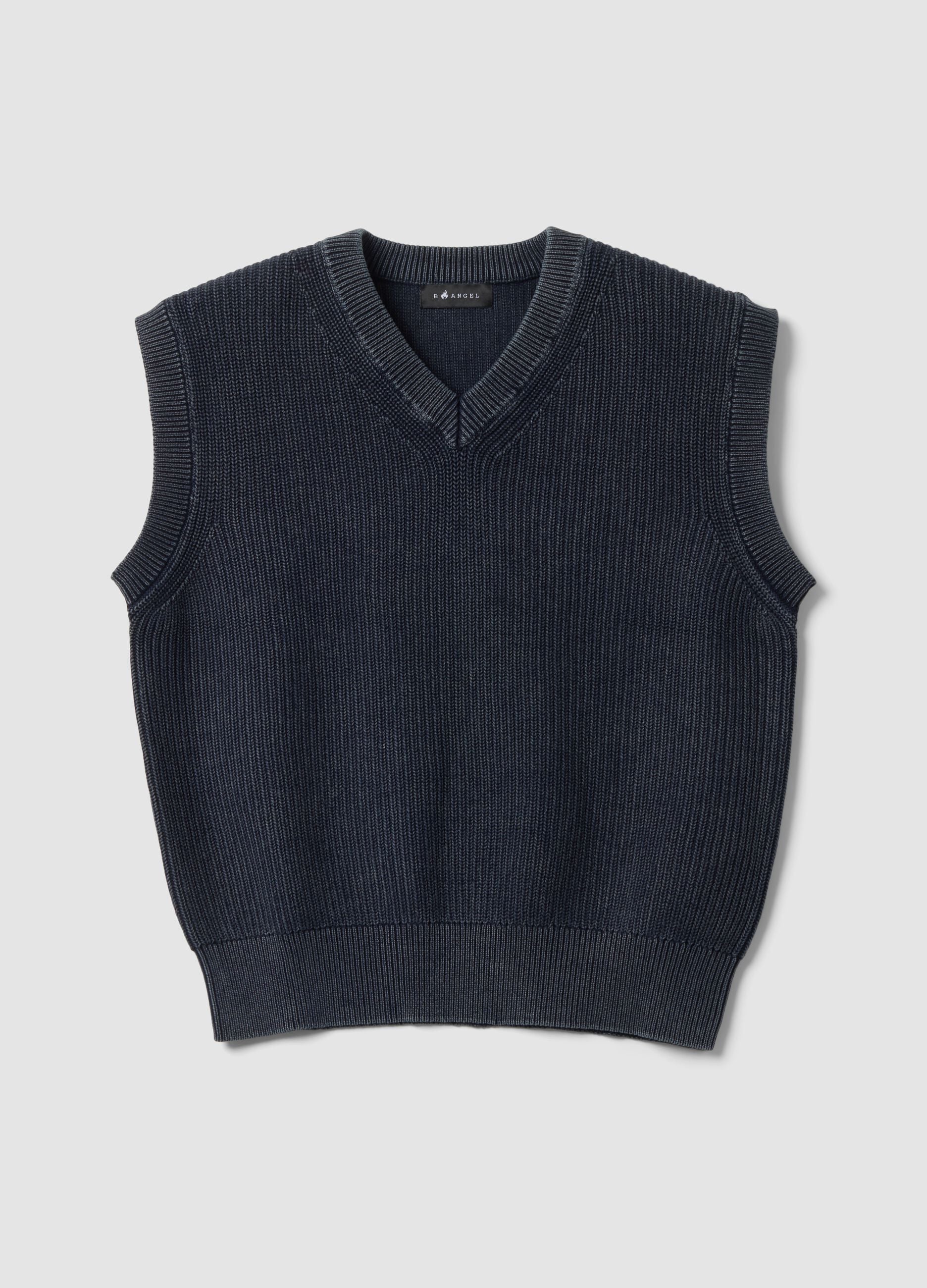 Gilet blu cropped in puro cotone con scollo profondo a V