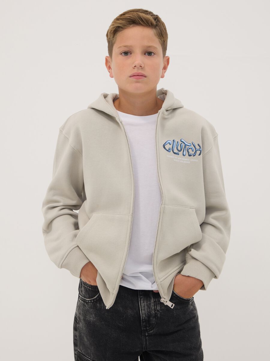 Grey oversized cotton-blend hoodie with print for boys_0