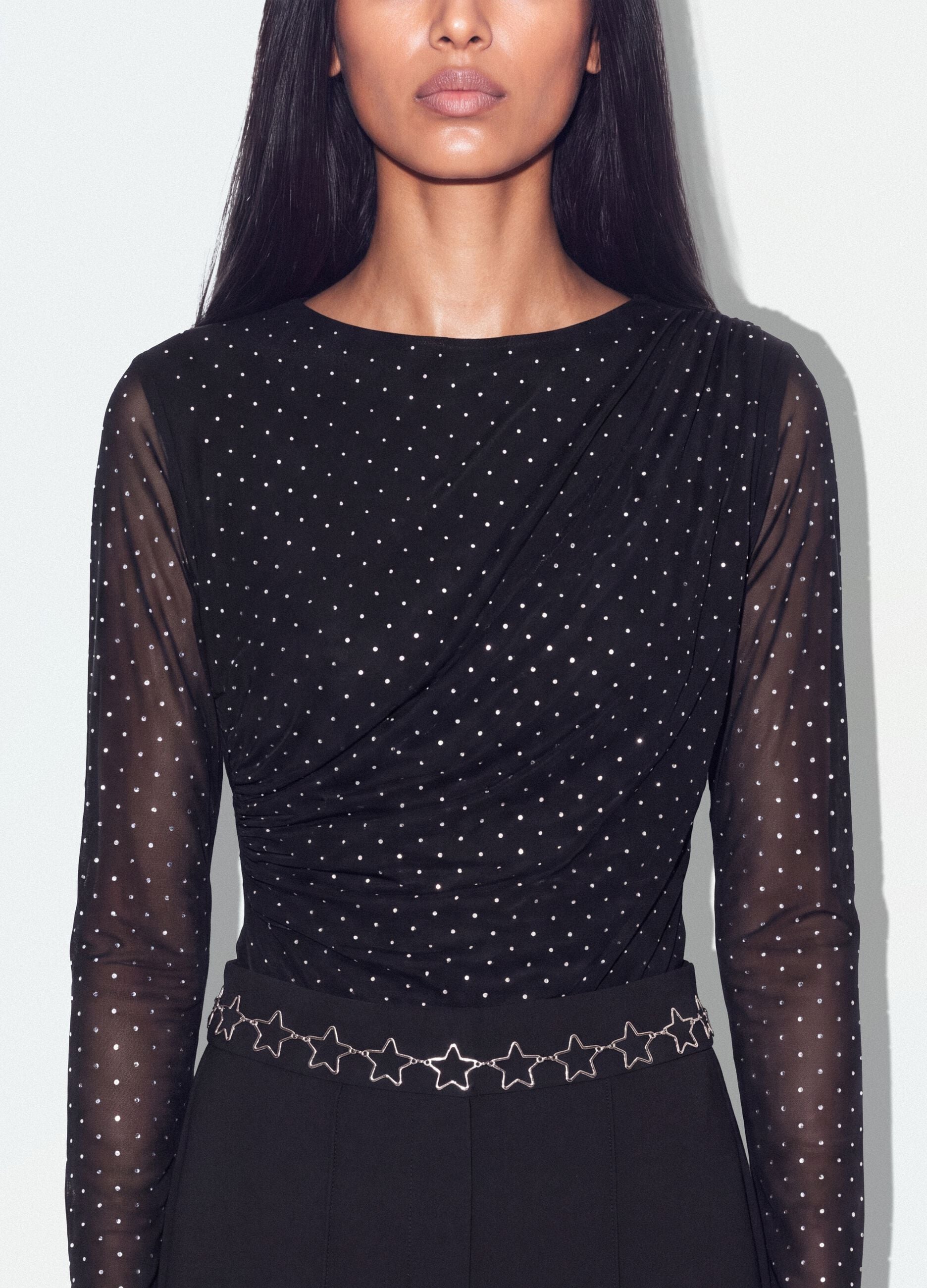 Black fitted stretch bodysuit with rhinestones