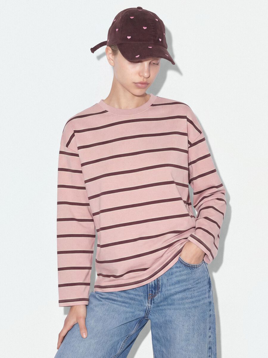 Felpa rosa in puro cotone a righe con girocollo relaxed fit_0
