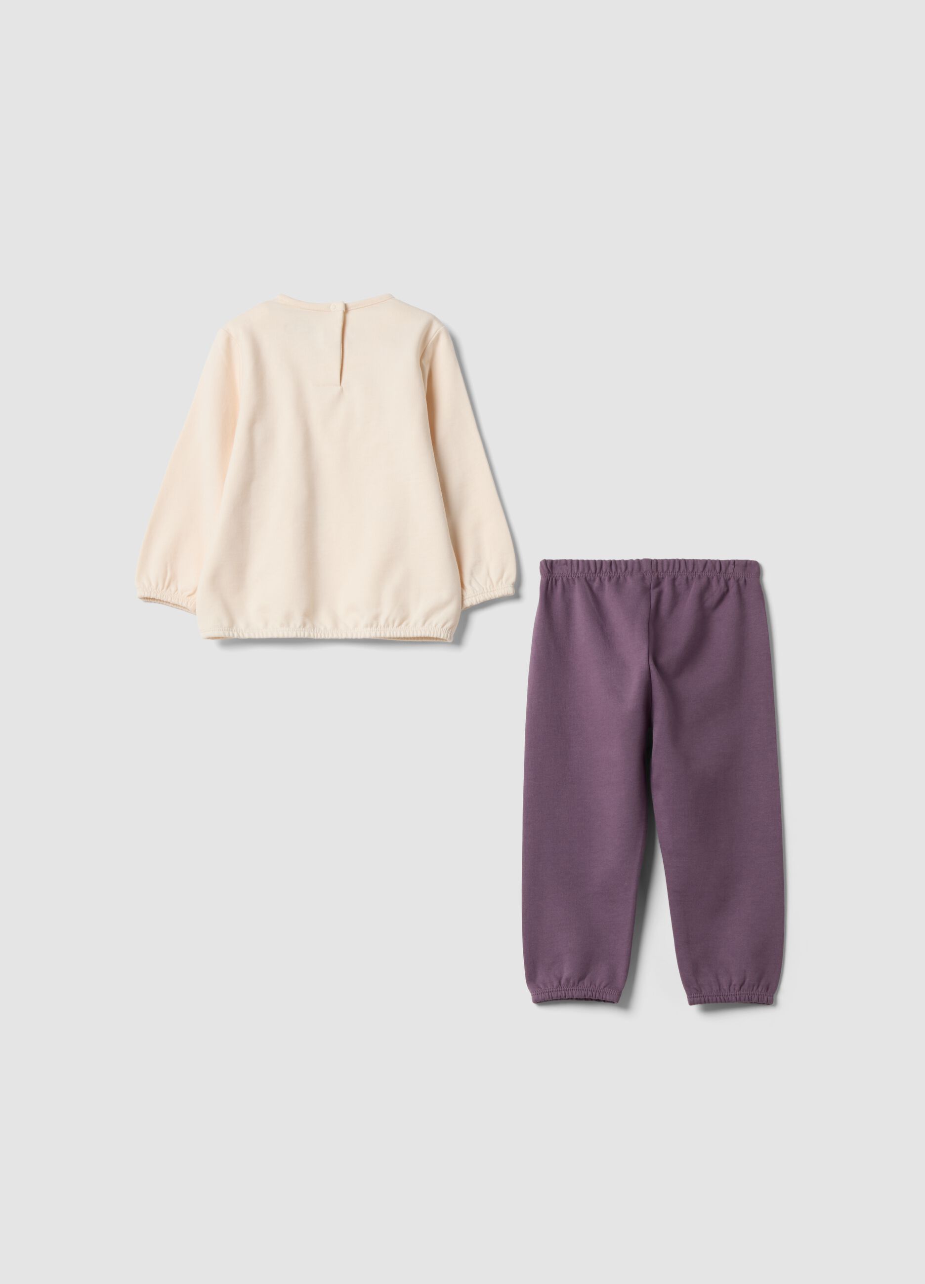 Pigiama beige e viola in puro cotone organico con stampa coniglietti