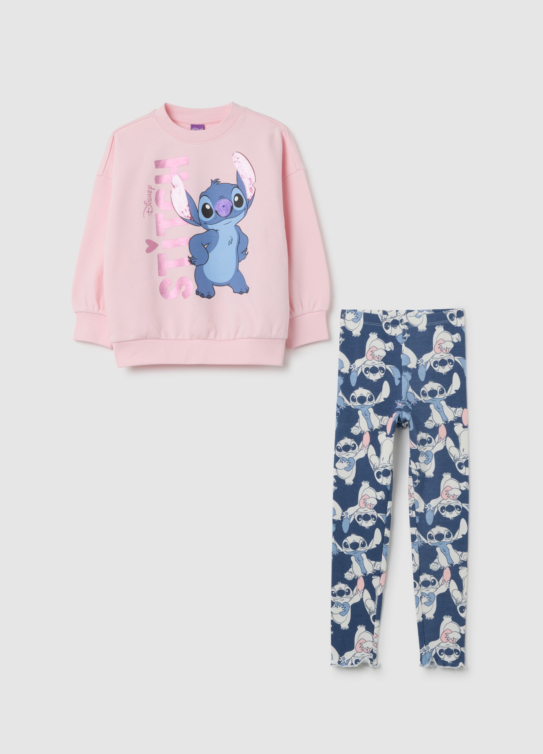 Girl's pink and blue cotton blend outfit with Stitch print