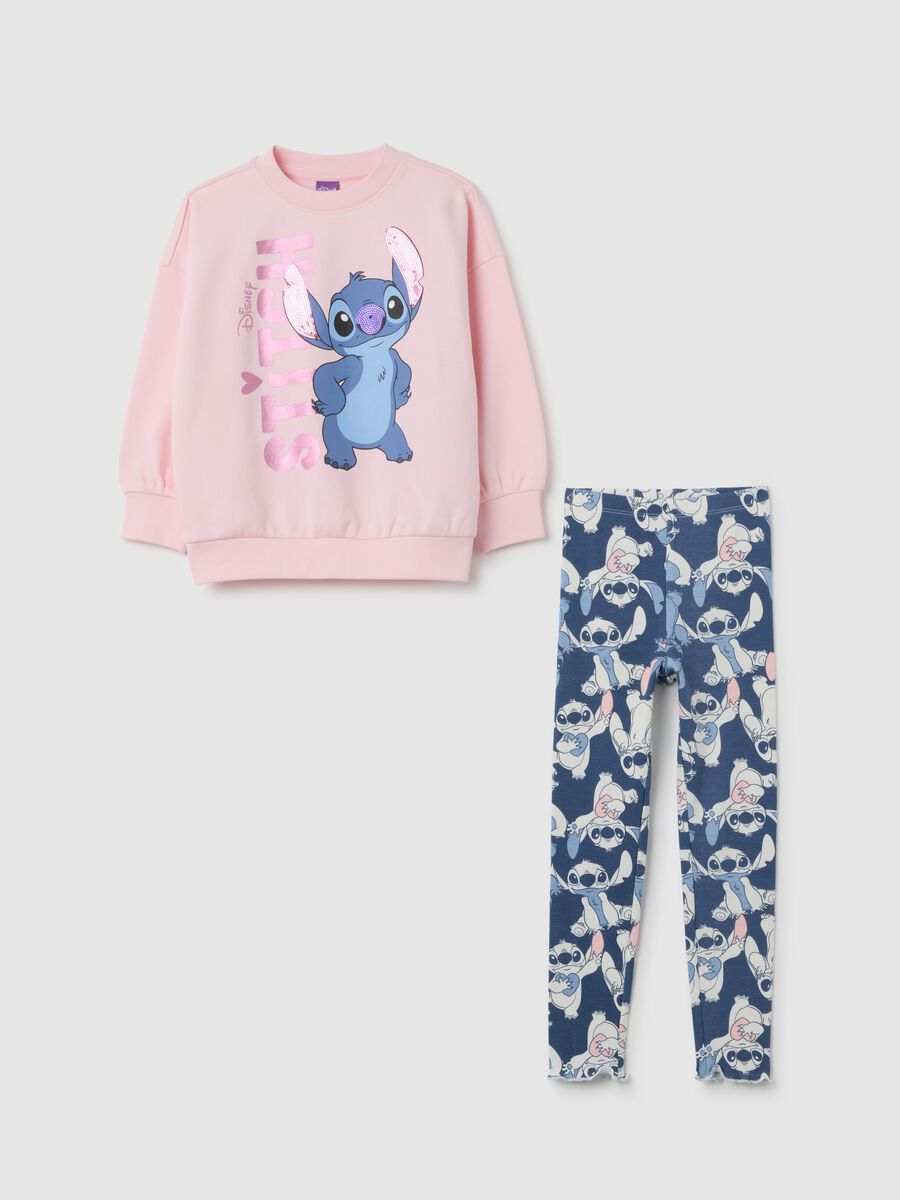 Girl's pink and blue cotton blend outfit with Stitch print_0
