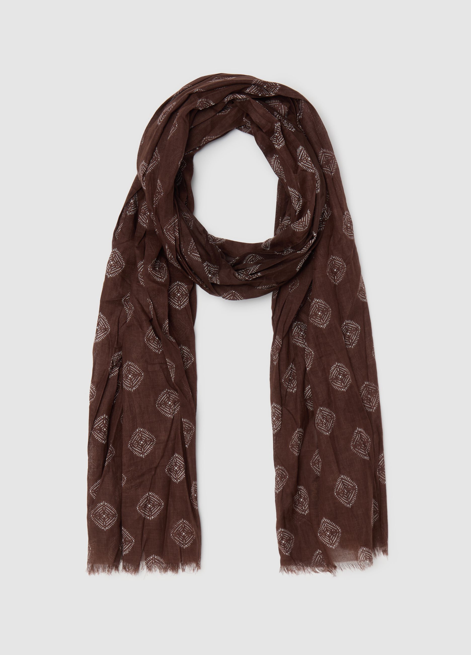 Sciarpa in cotone marrone con motivi geometrici