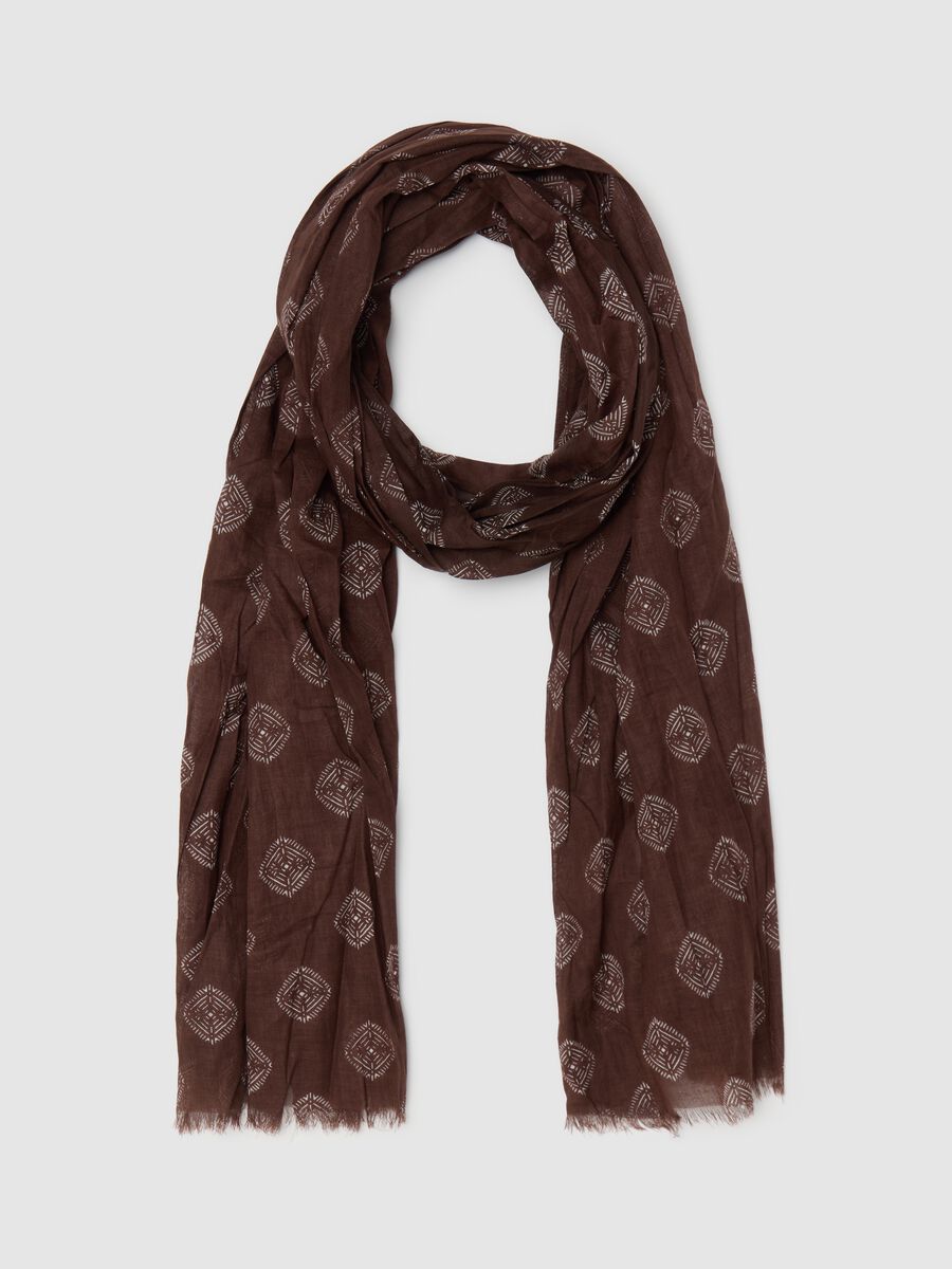 Brown cotton scarf with geometric motifs_0