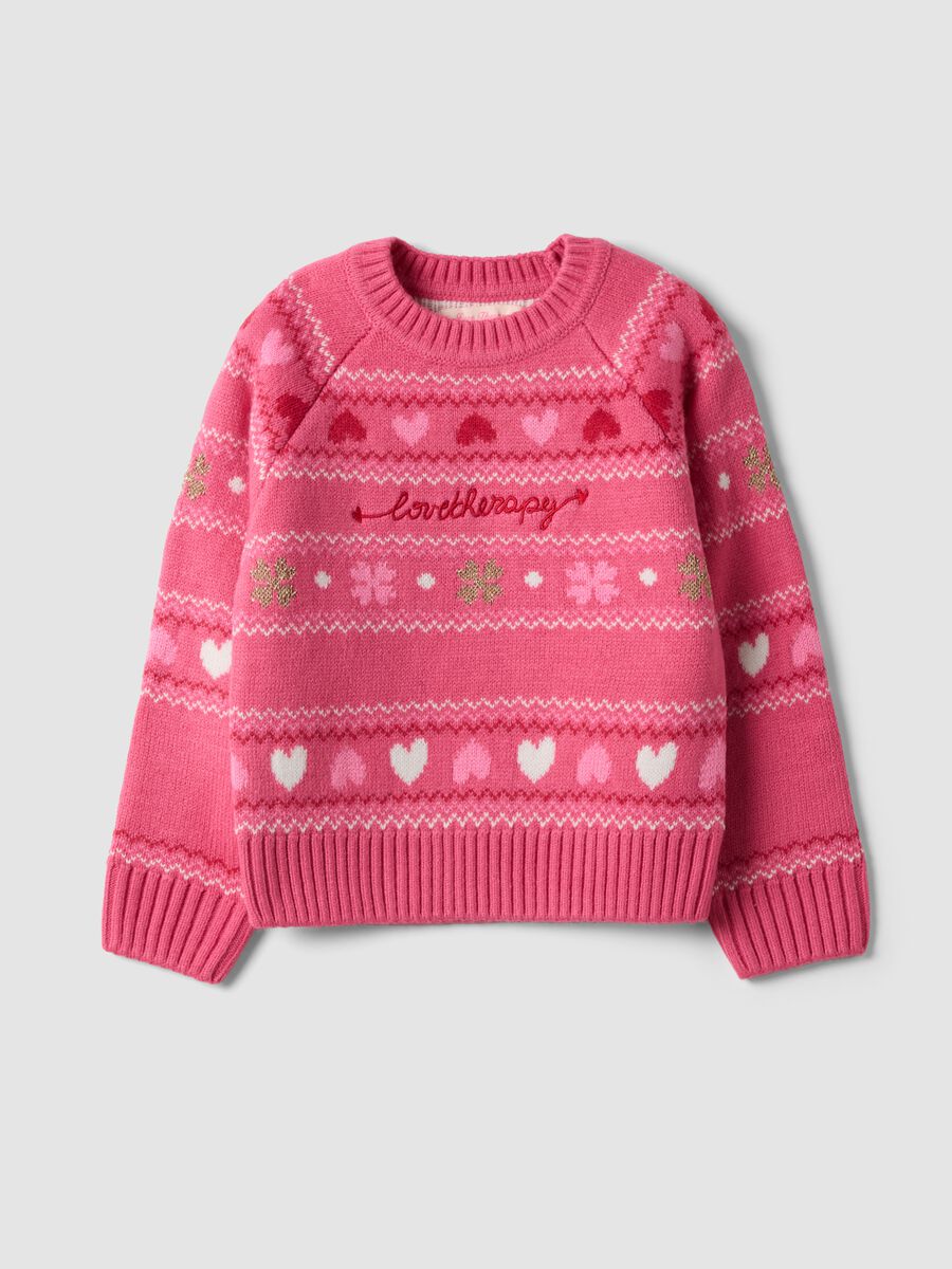 Maglia rosa girocollo con cuori e fantasia jacquard regular fit_0