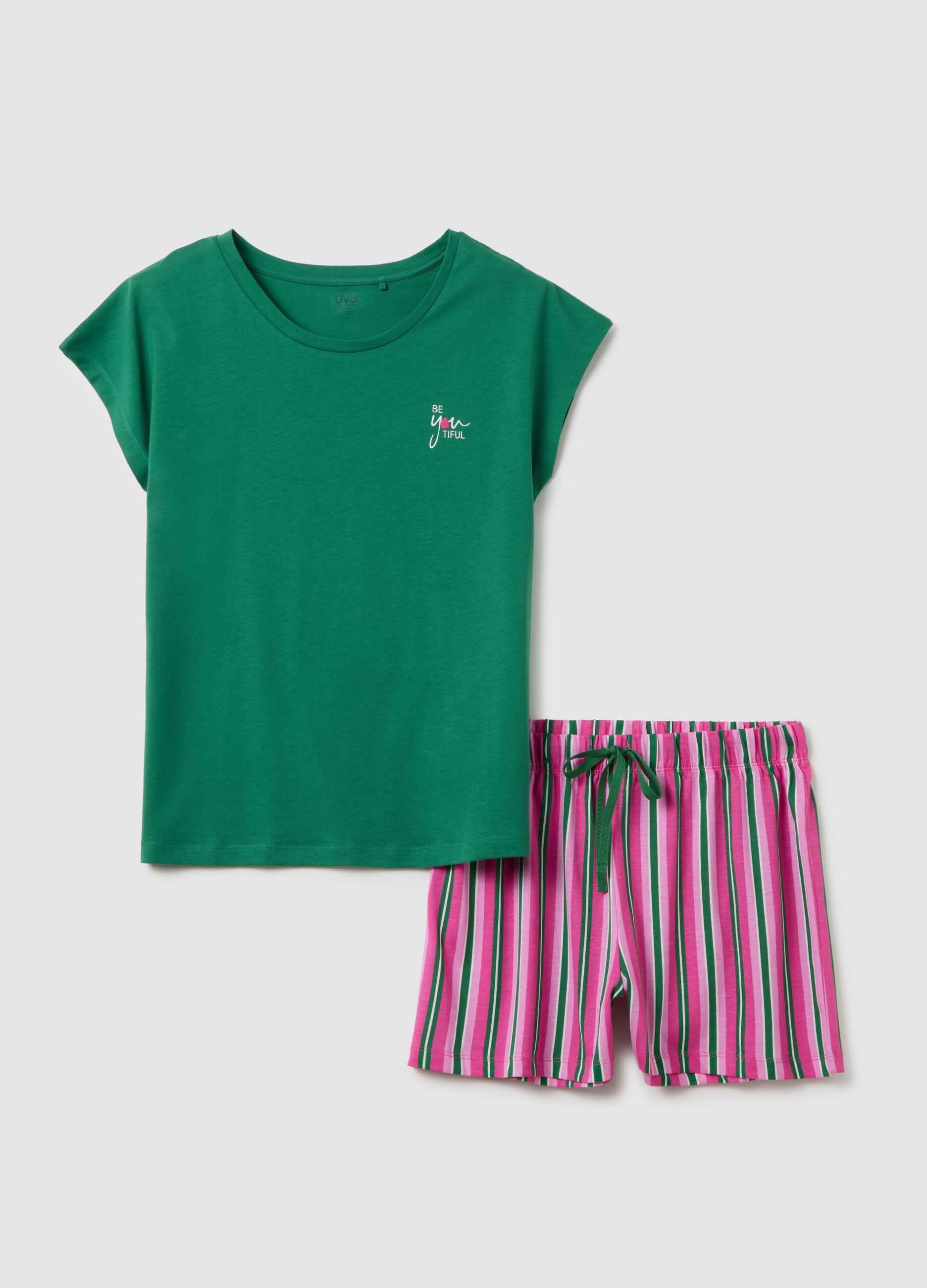 Set pigiama da donna in puro cotone verde e rosa regular fit