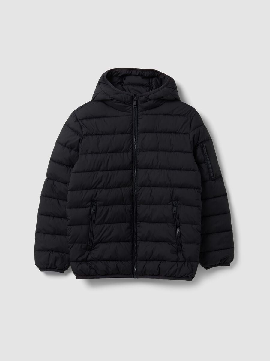 Black Ultralight padded hooded jacket with zip for boys_0