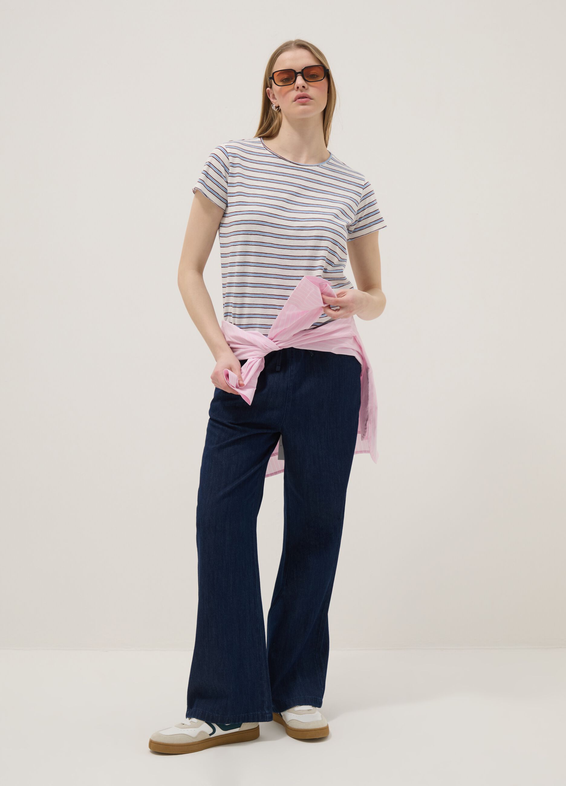 Blue pure cotton wide-leg denim trousers