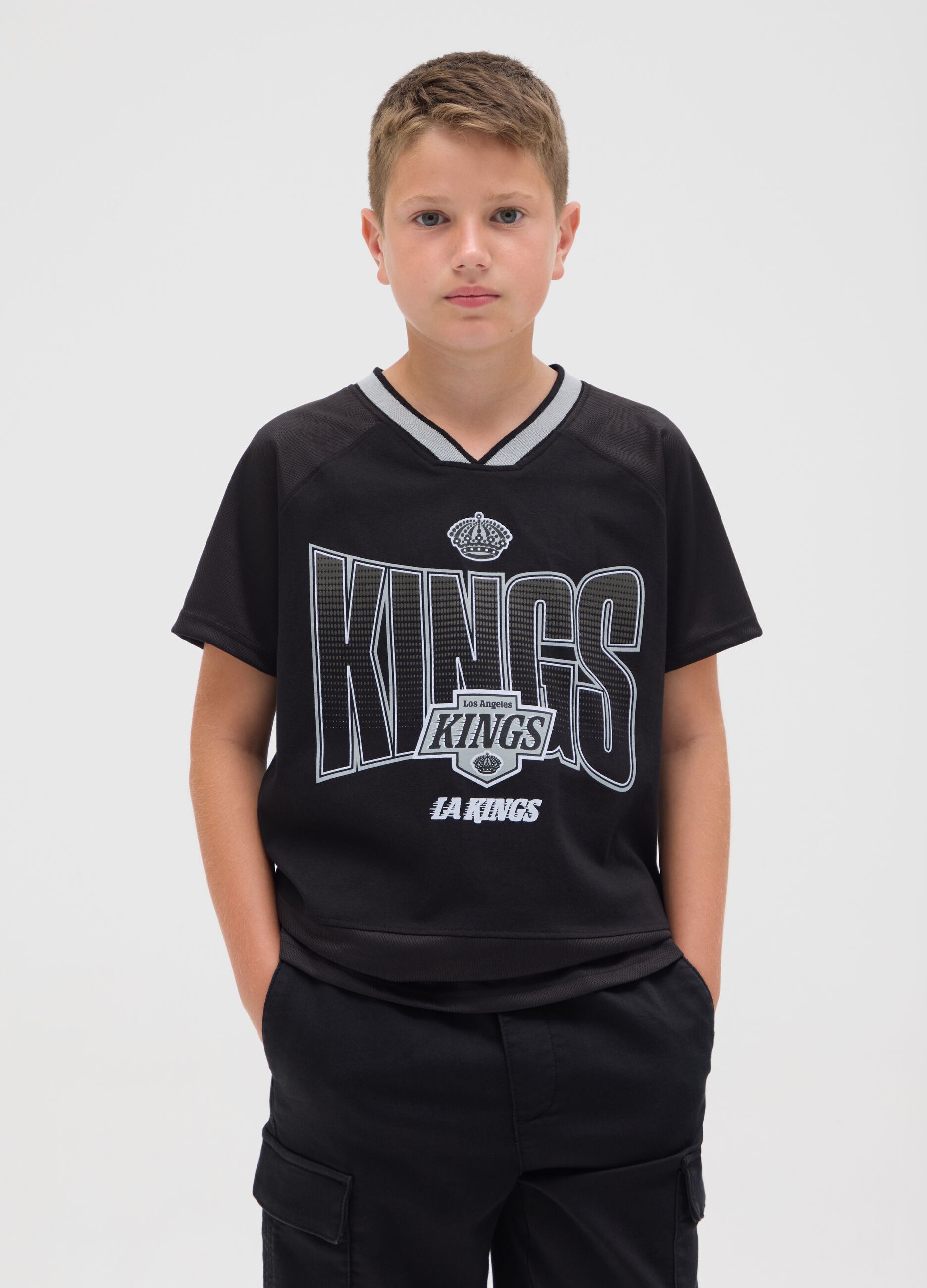 Children's black pure cotton T-shirt with LA KINGS print