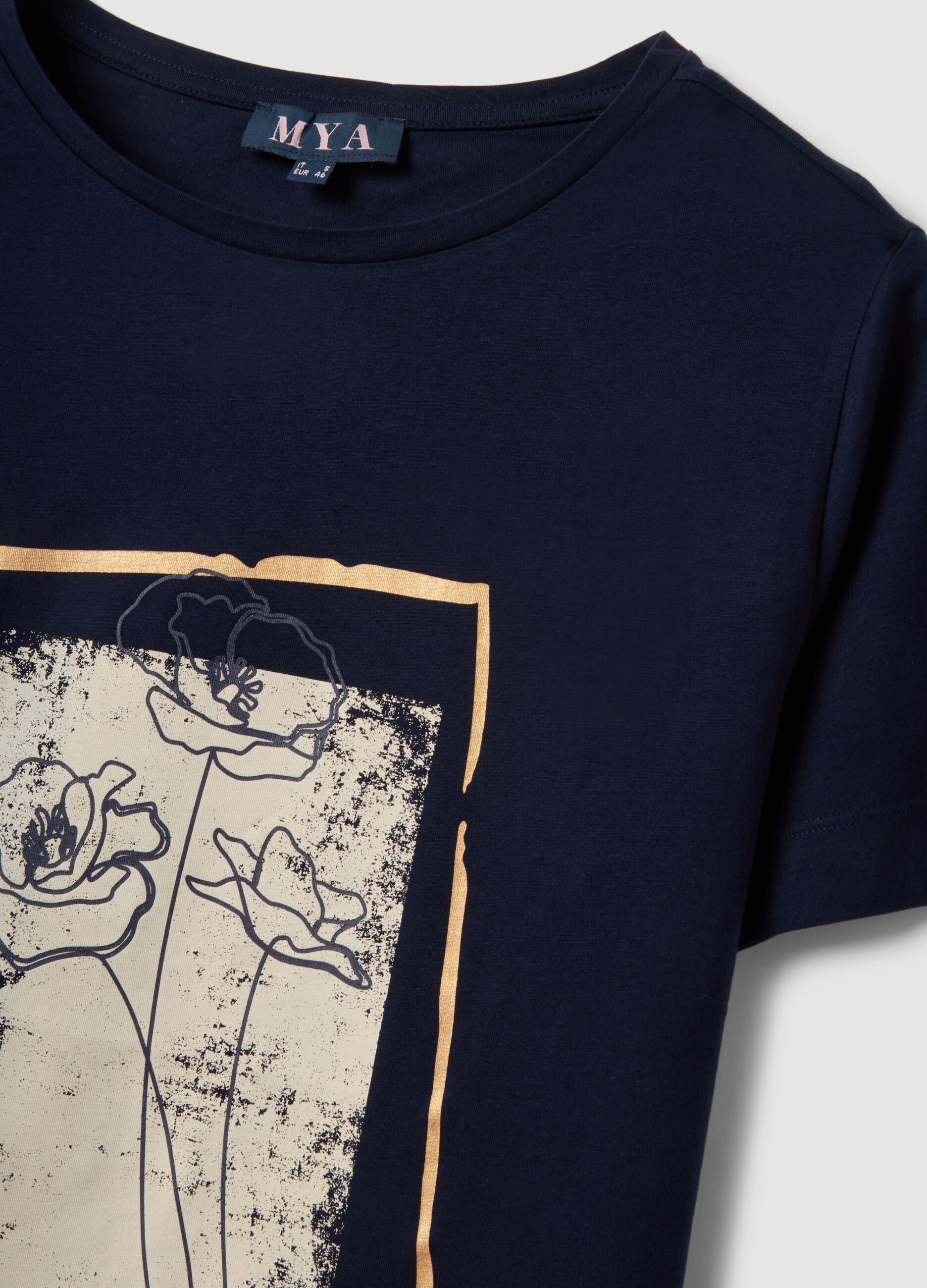 Blue short-sleeve pure cotton printed T-shirt, regular fit