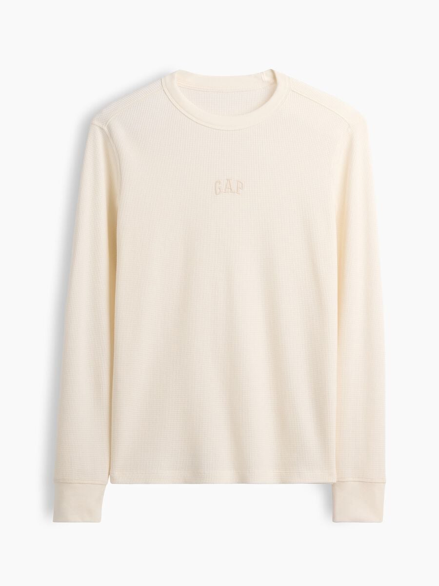 T-shirt bianco avorio in cotone elasticizzato a maniche lunghe con logo GAP_3