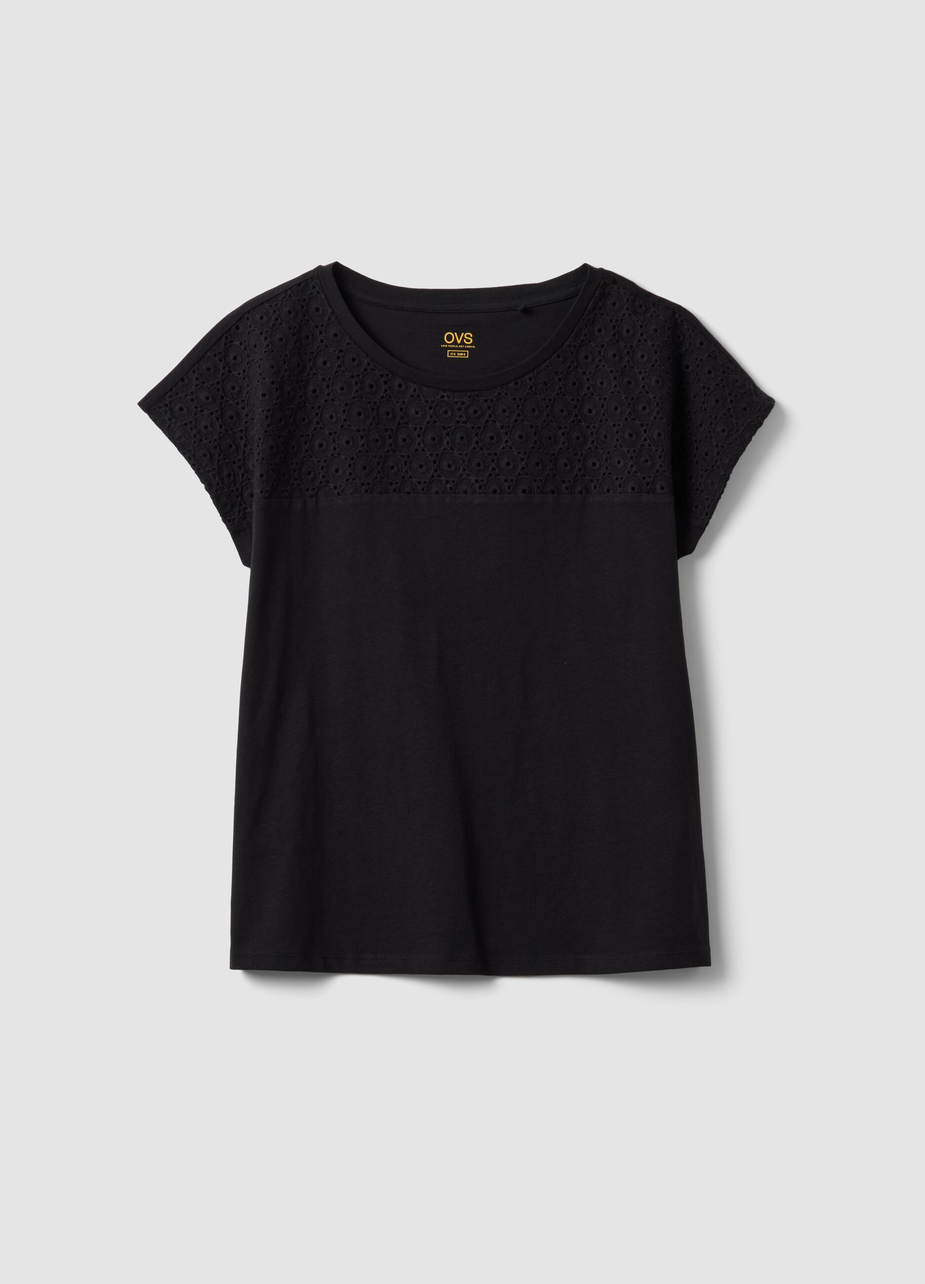 Black pure cotton T-shirt with Broderie Anglaise lace insert