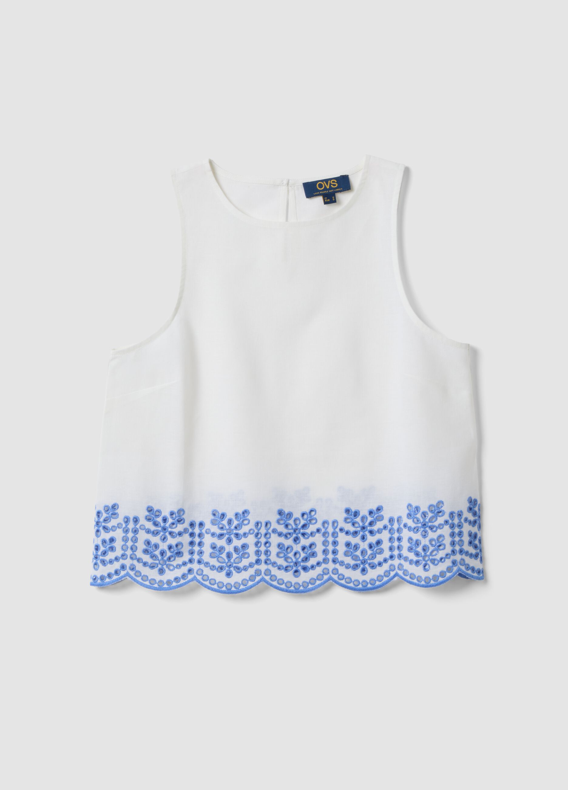 White cotton and linen blend top with embroidery