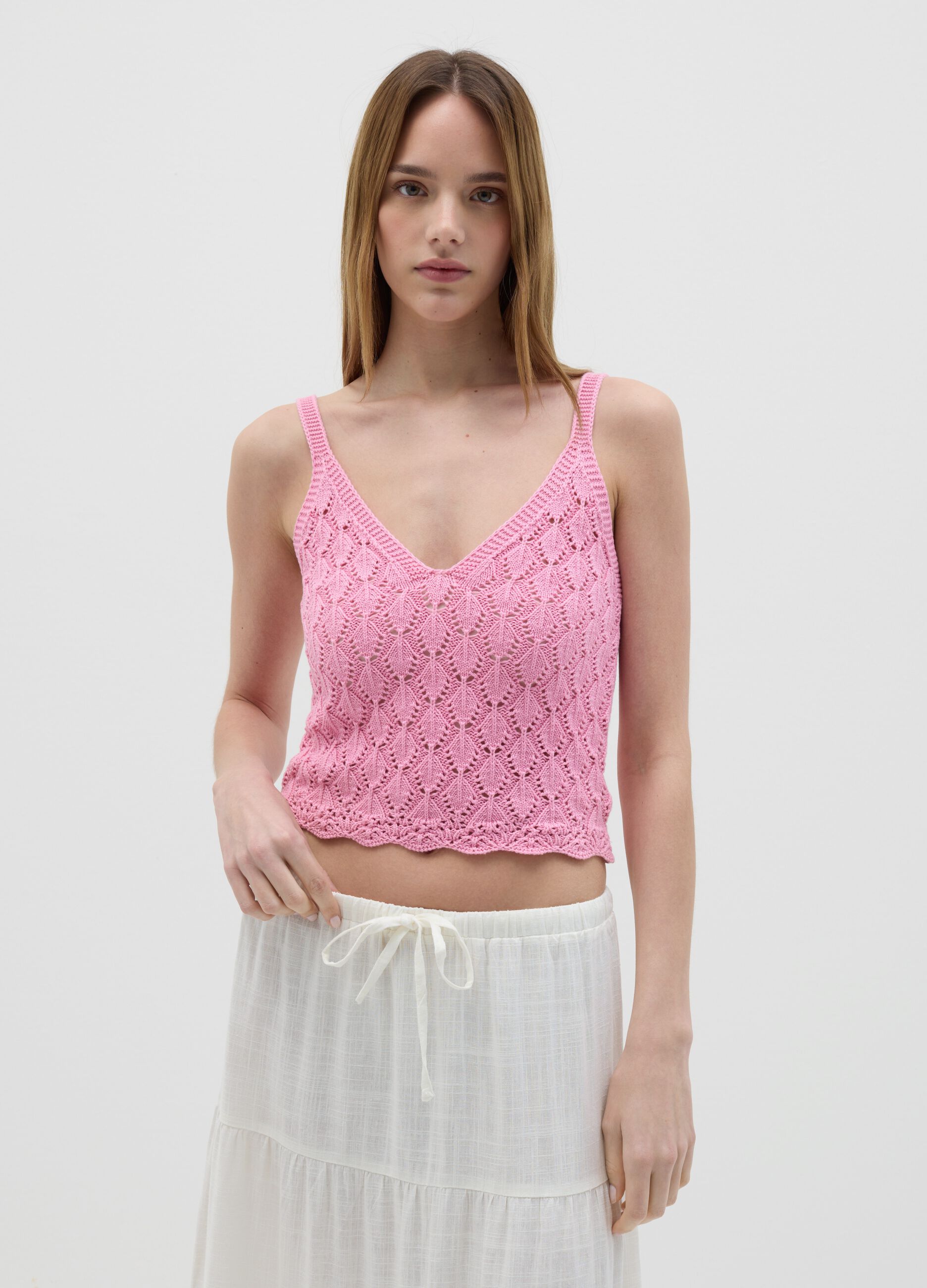 Top corto da donna in puro cotone rosa regular fit con maglia traforata