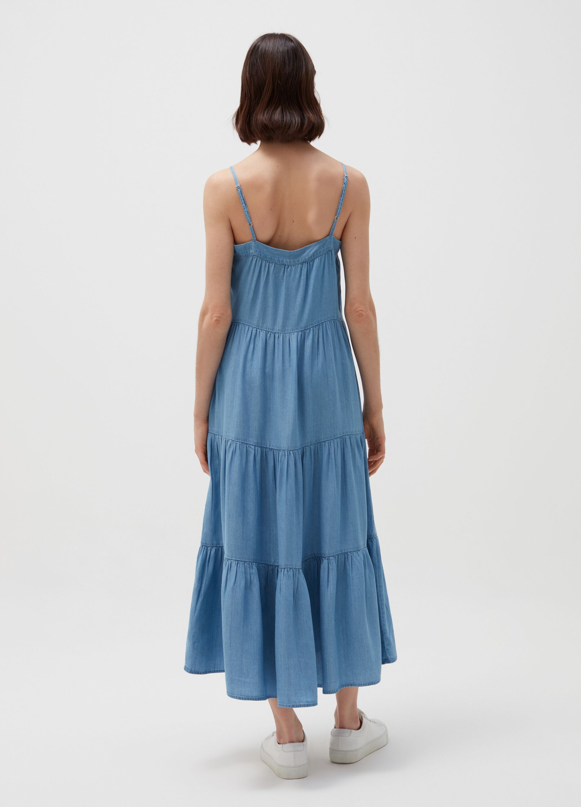 Long flounced dress with denim effect