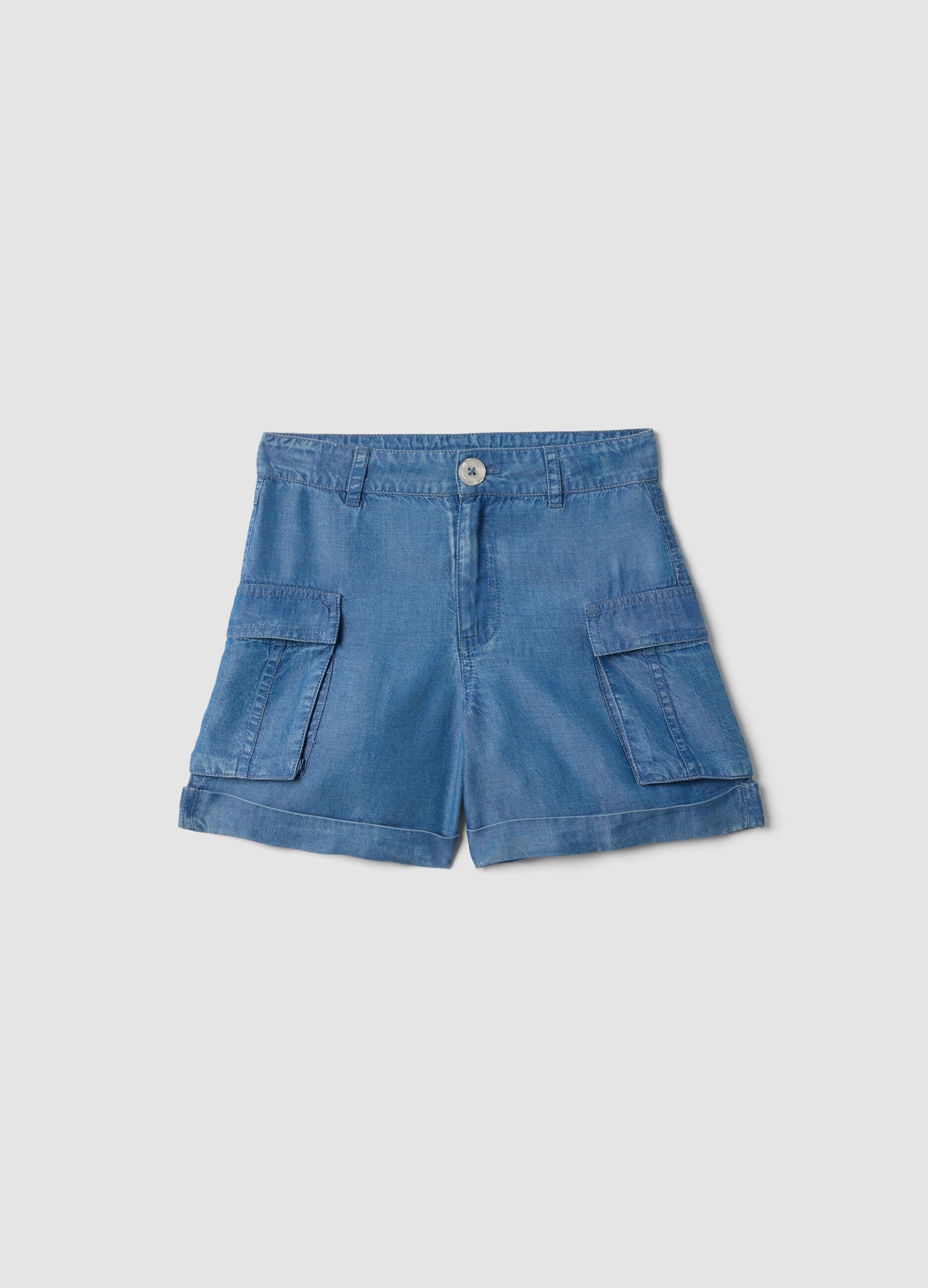 Blue pure lyocell cargo shorts for girls, regular fit