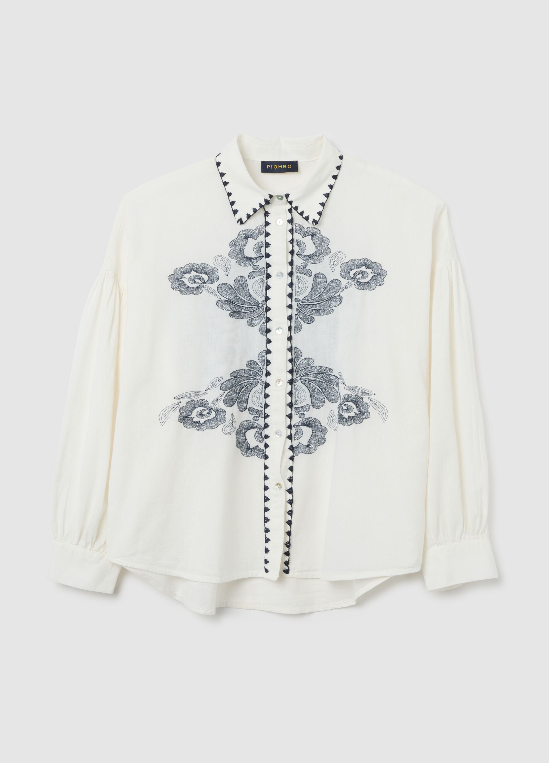 White oversized cotton and linen shirt with embroidery