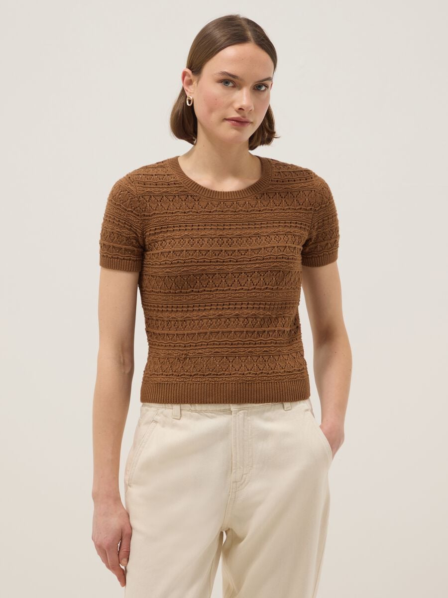 Maglia in puro cotone marrone regular fit con lavorazione a maglia_0