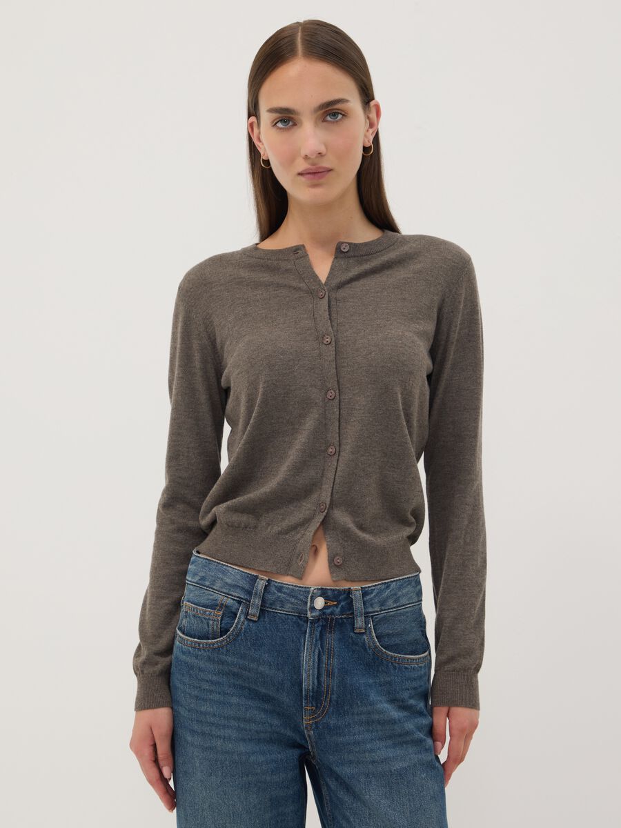 Grey wool-blend crew-neck cardigan_1