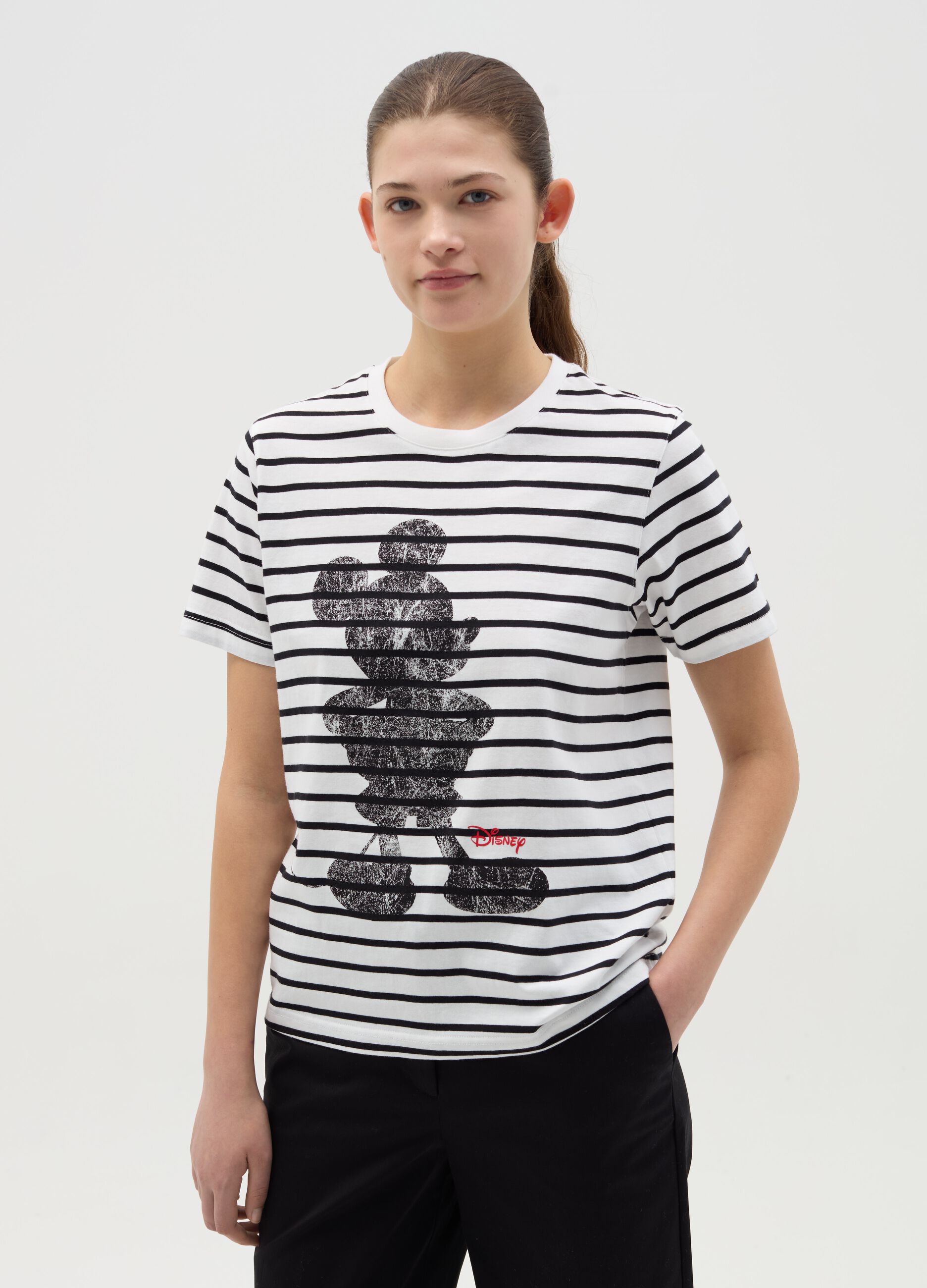 Striped T-shirt with Mickey Mouse print