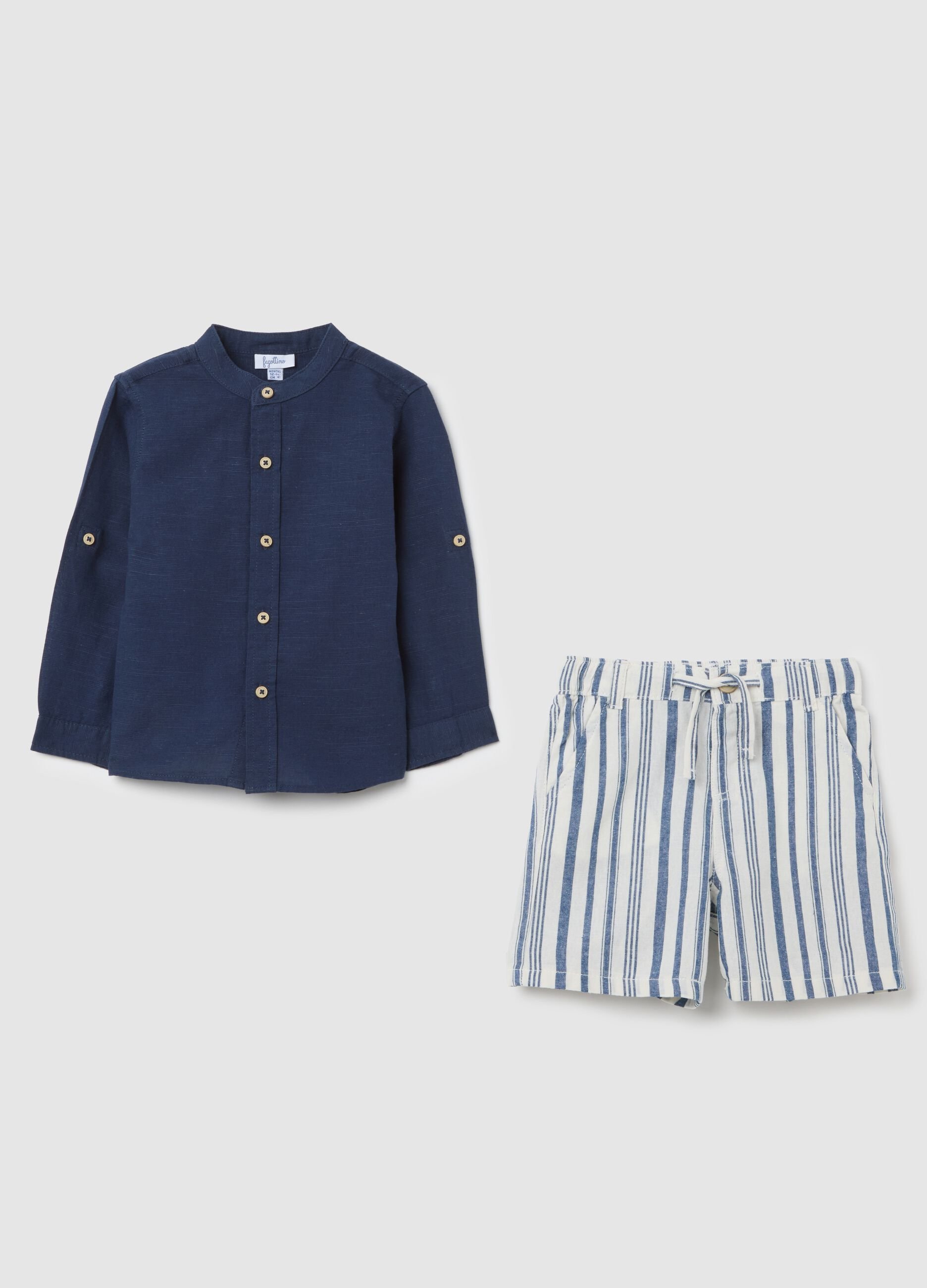 Boys’ blue regular-fit shirt and shorts set in cotton and linen