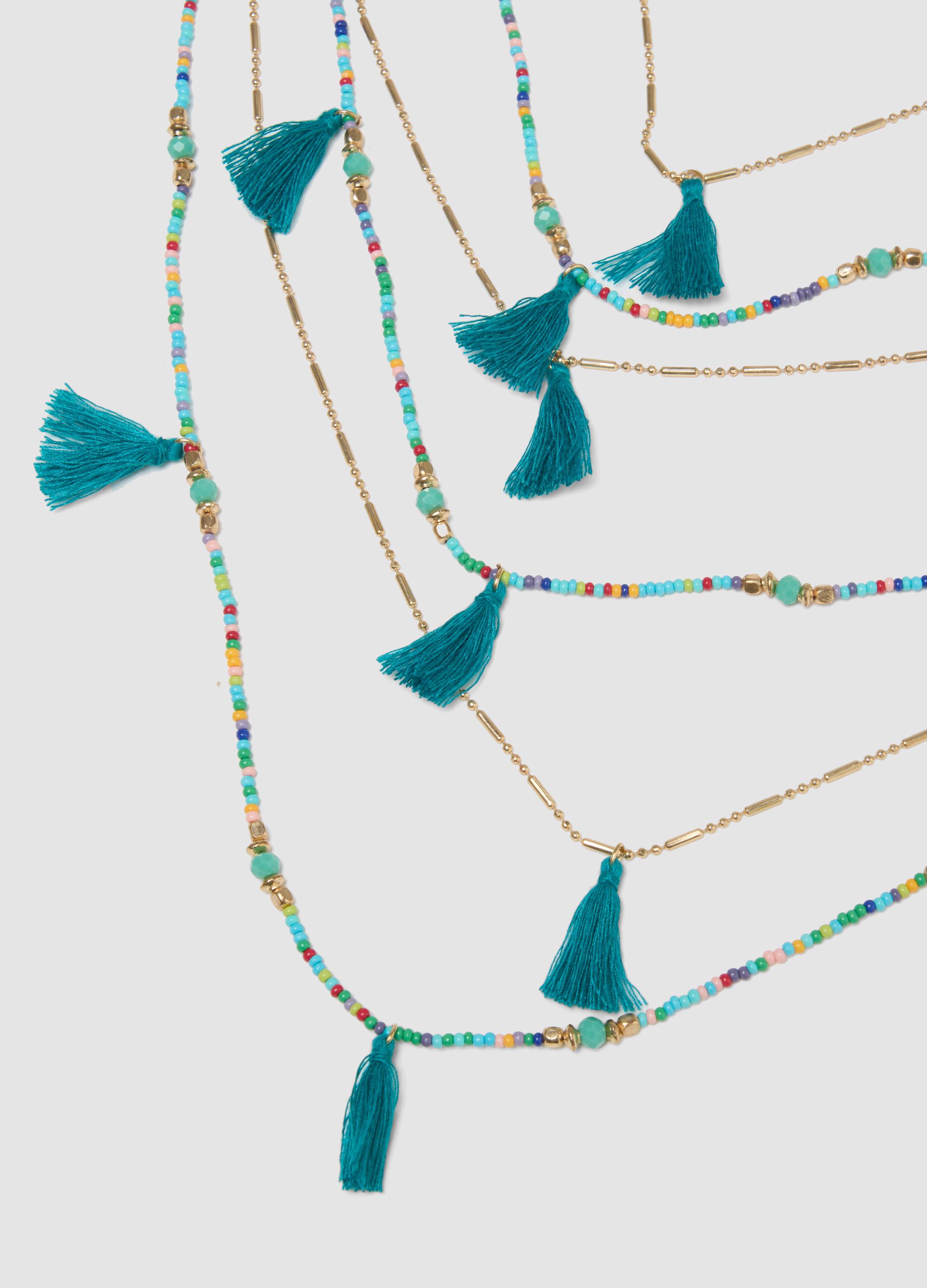 Multicolour necklace with light-blue tassels