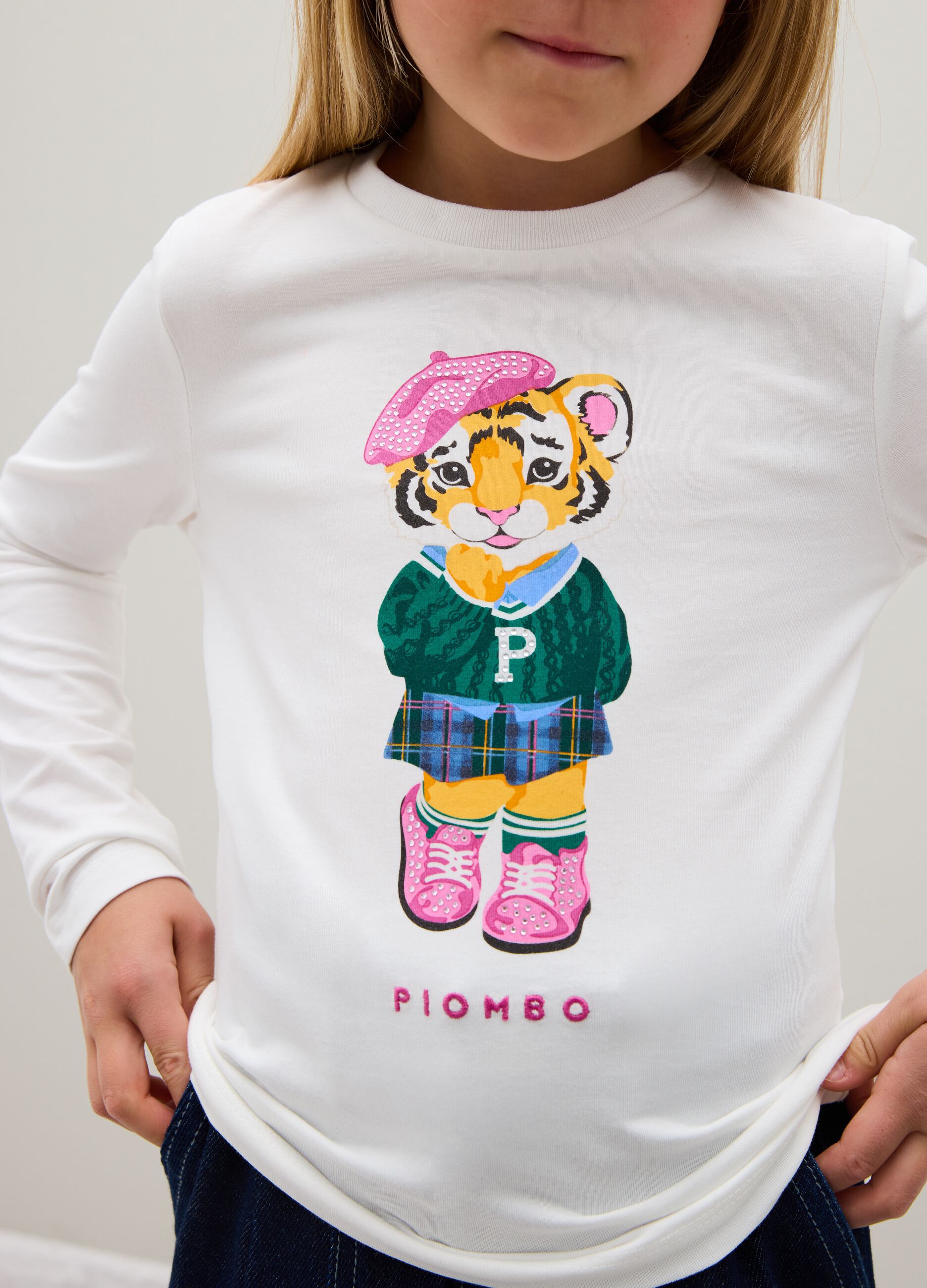 Girls' white regular fit stretch cotton t-shirt