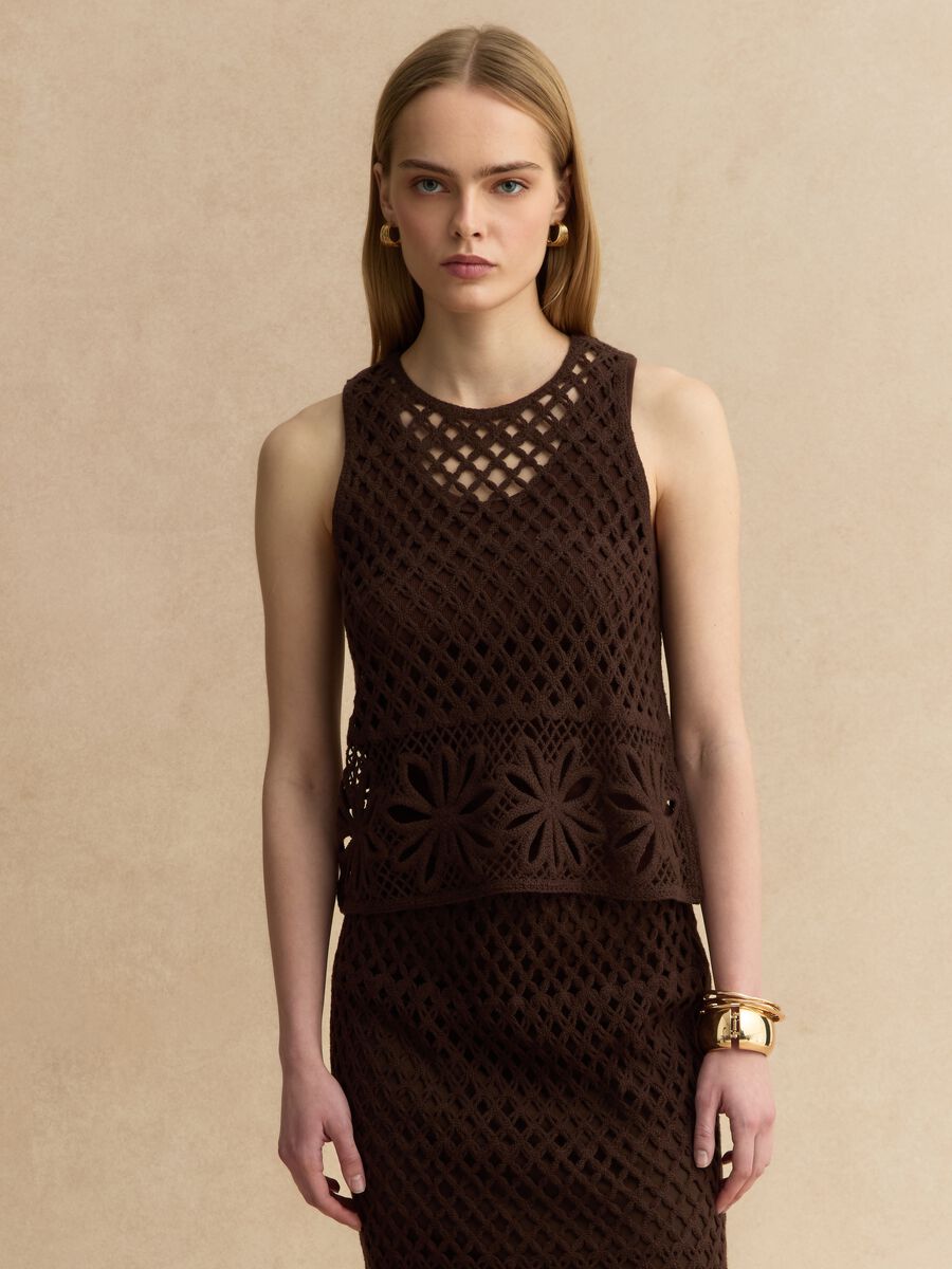Tank top in misto cotone marrone regular fit con design a rete_0