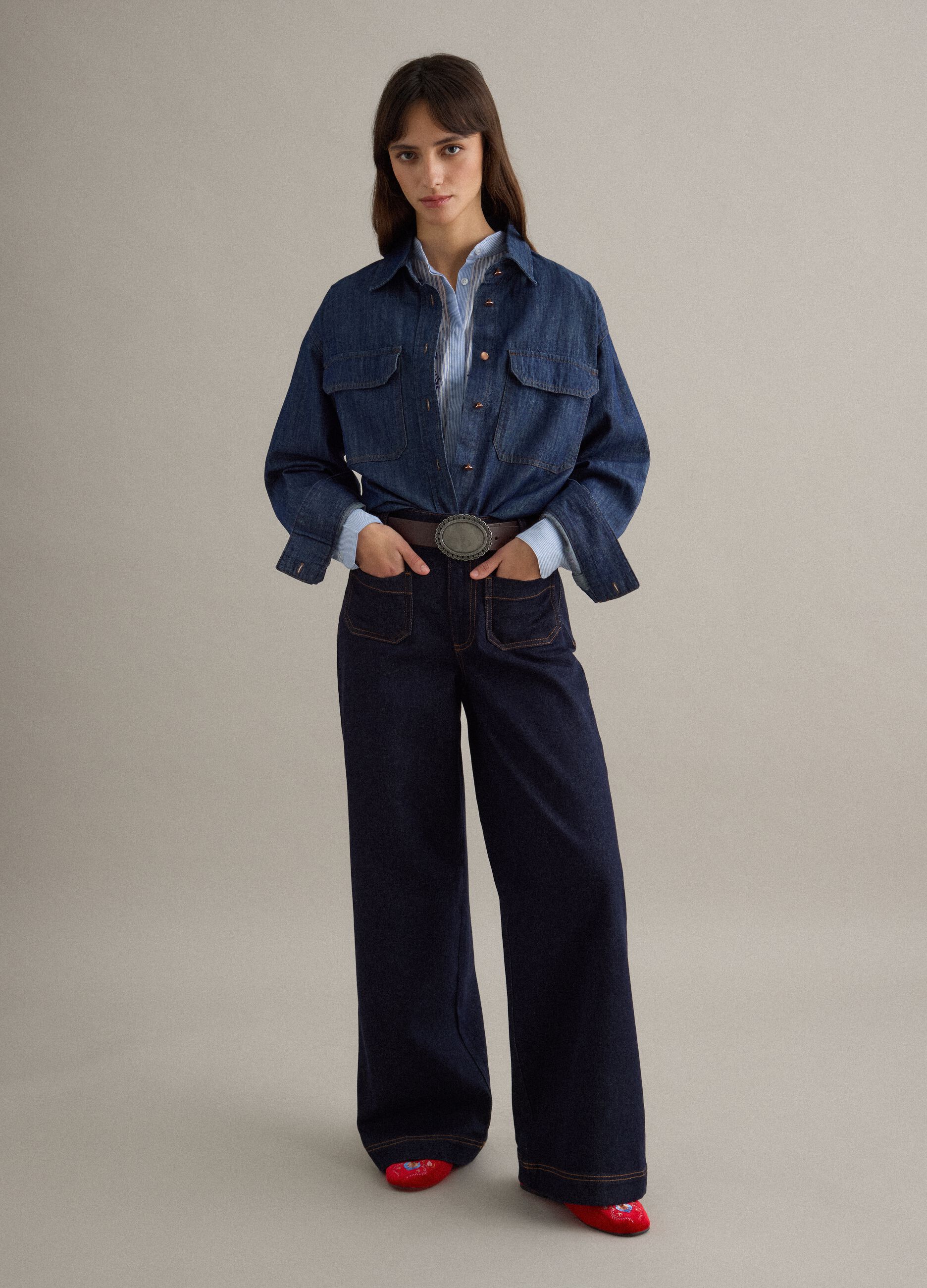 Wide-leg blue denim cotton jeans