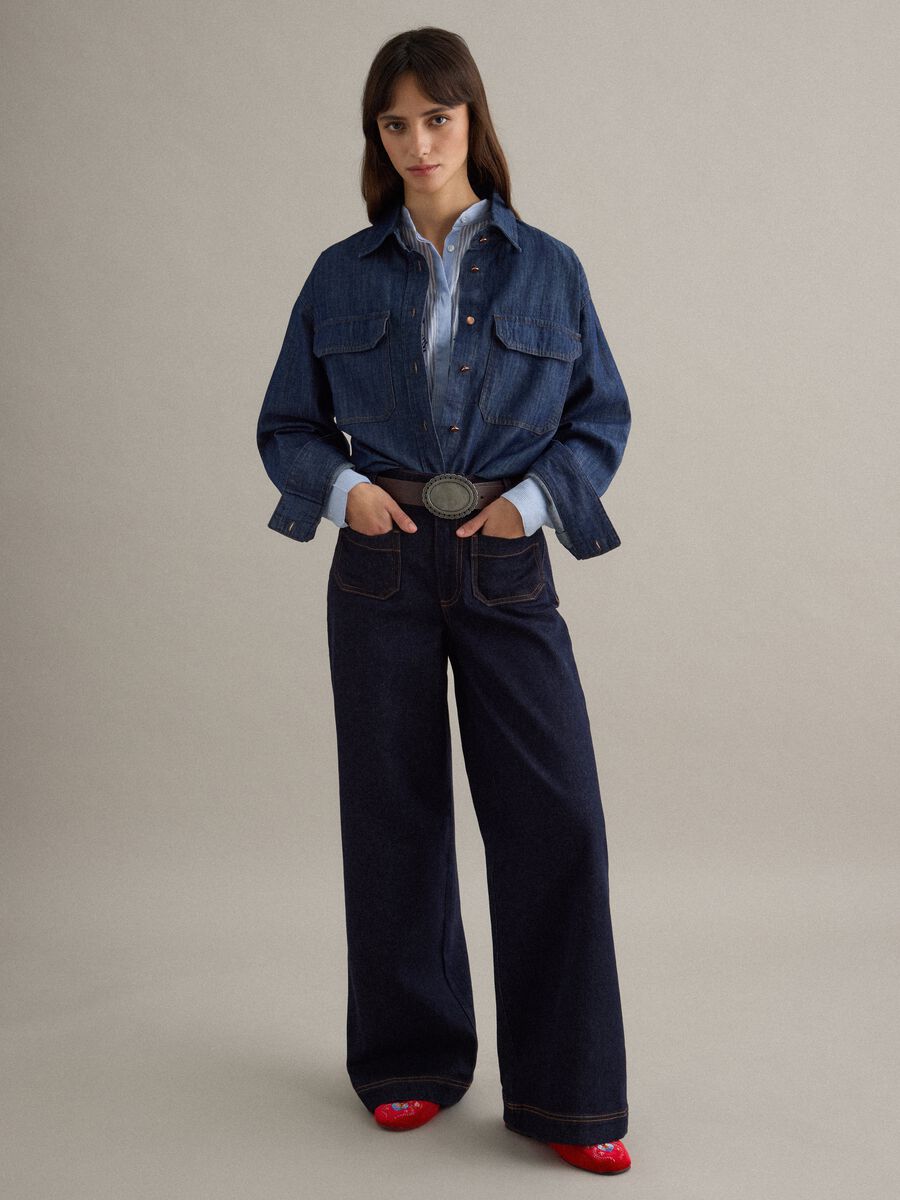 Jeans in cotone denim blu a gamba larga_0