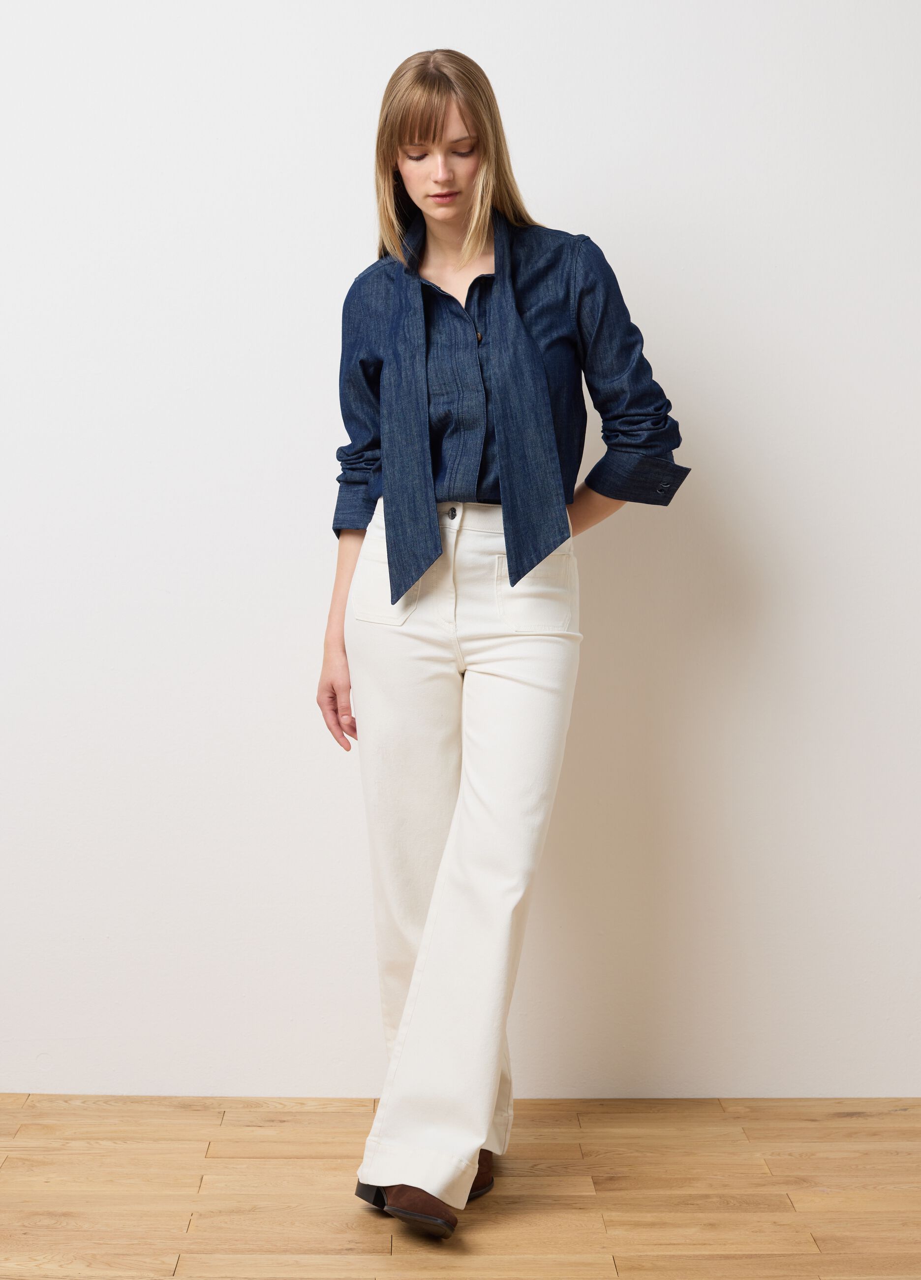 Wide Leg Beige Denim Trousers