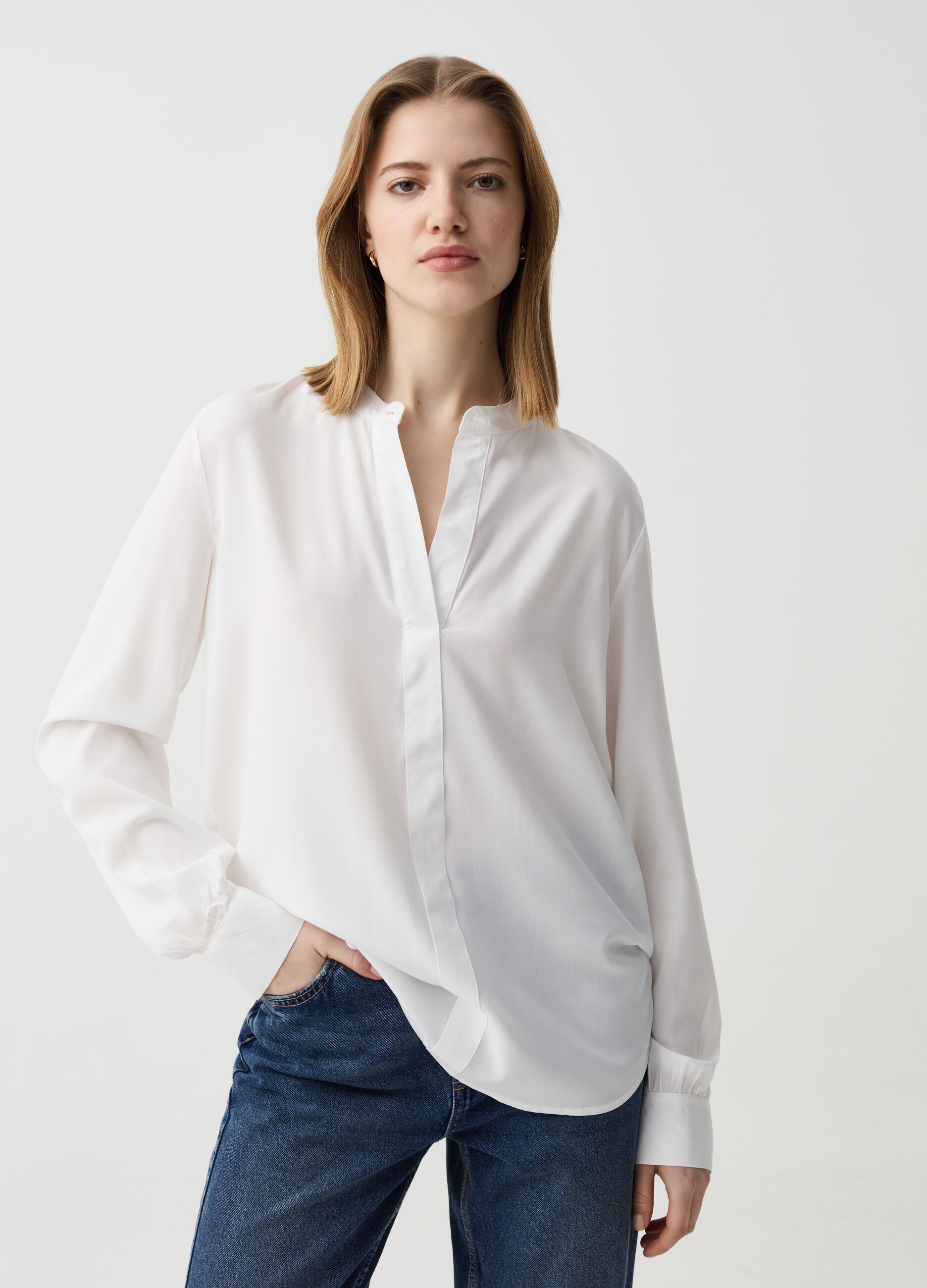 Viscose shirt with band collar