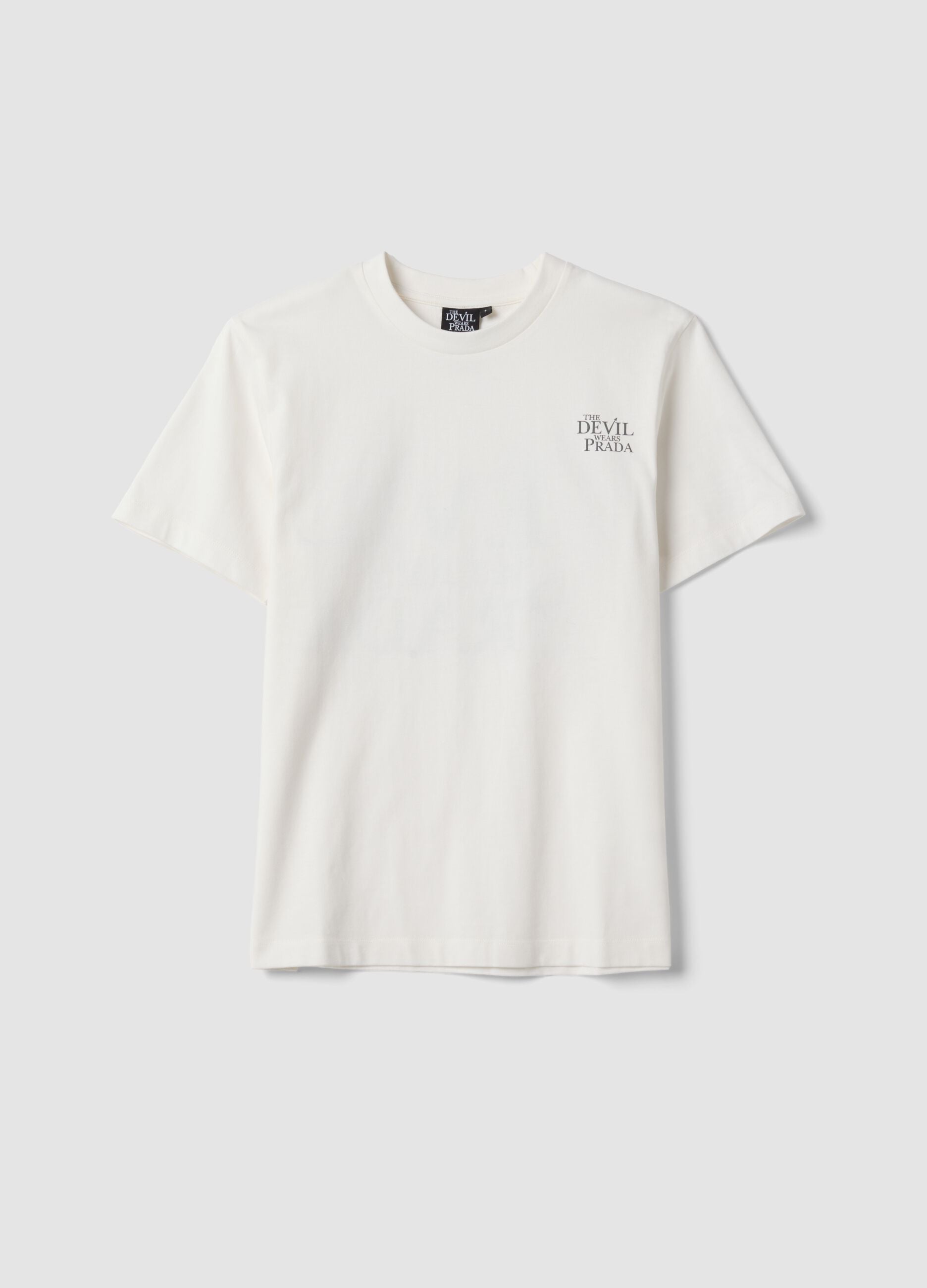 White pure cotton T-shirt with "The Devil Wears Prada" print, oversized fit