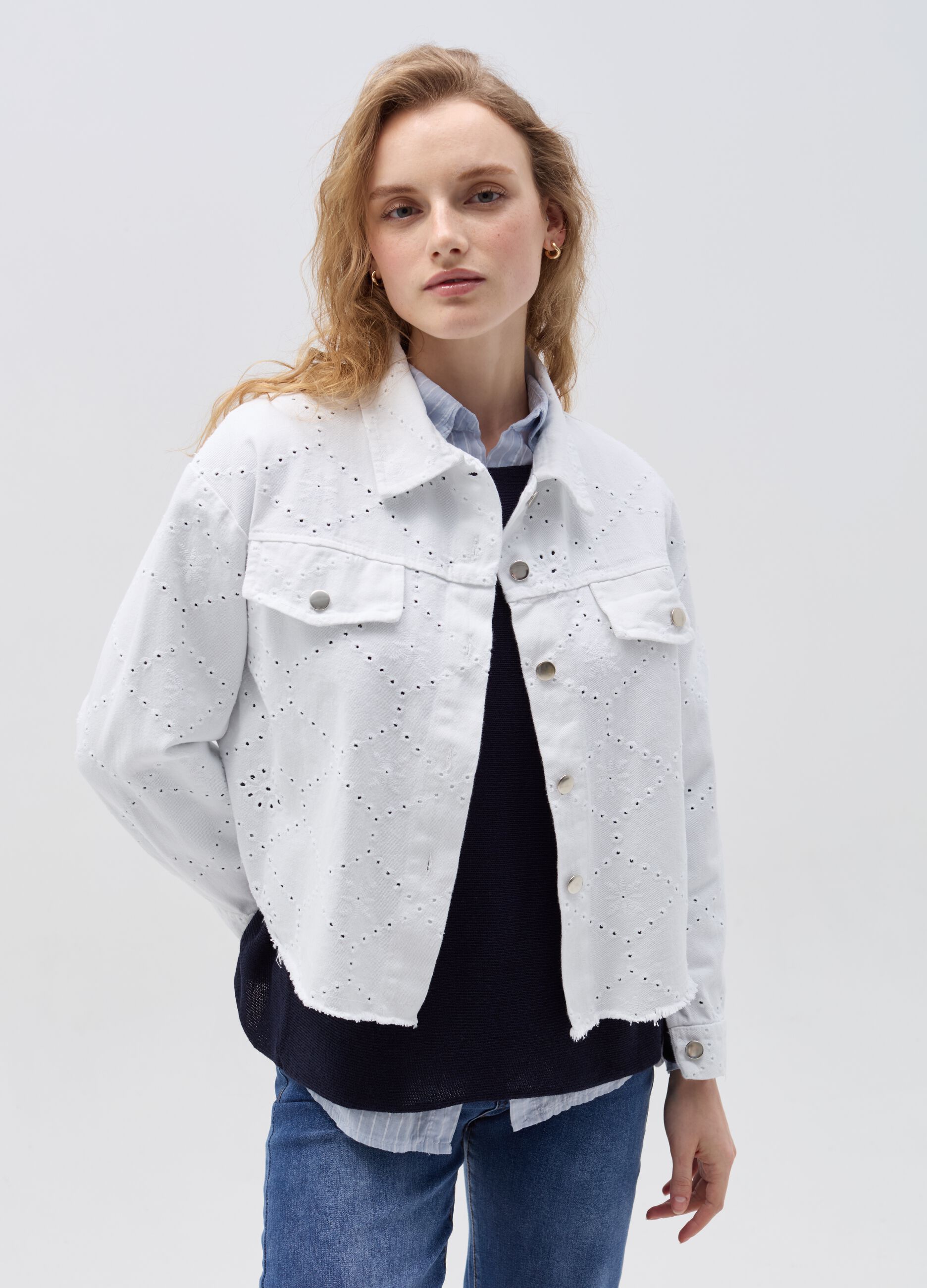 Short jacket with openwork and broderie anglaise details