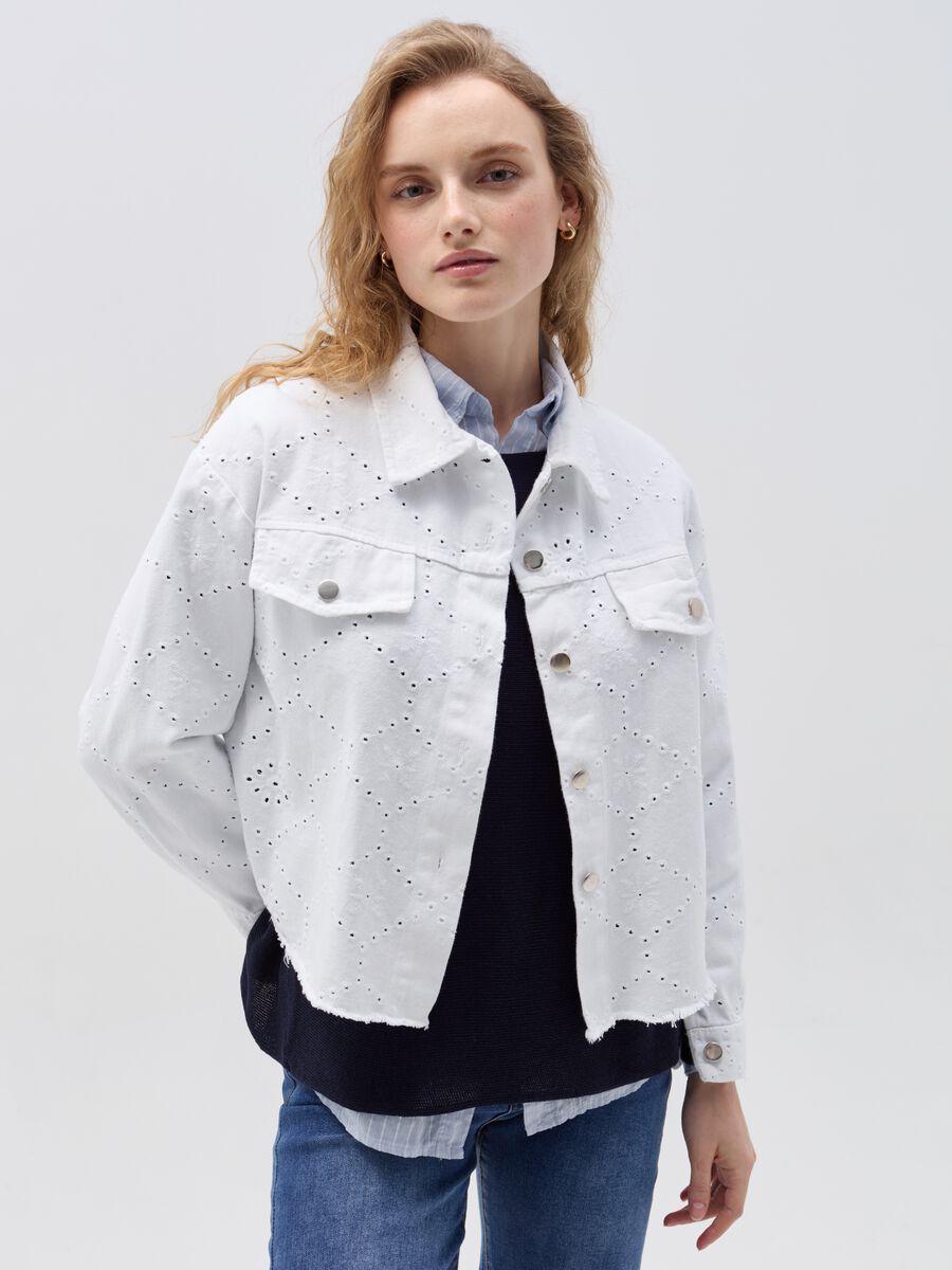 Short jacket with openwork and broderie anglaise details_0
