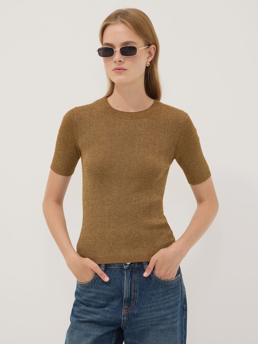 Brown fitted rib-knit viscose blend top_1