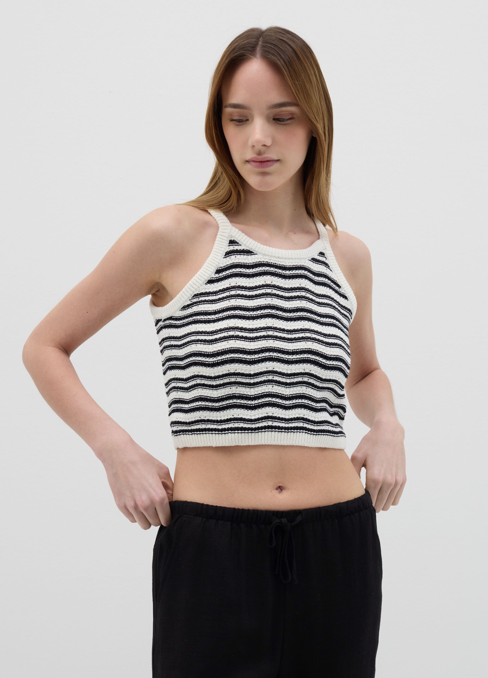 White and black striped cotton knit cropped top