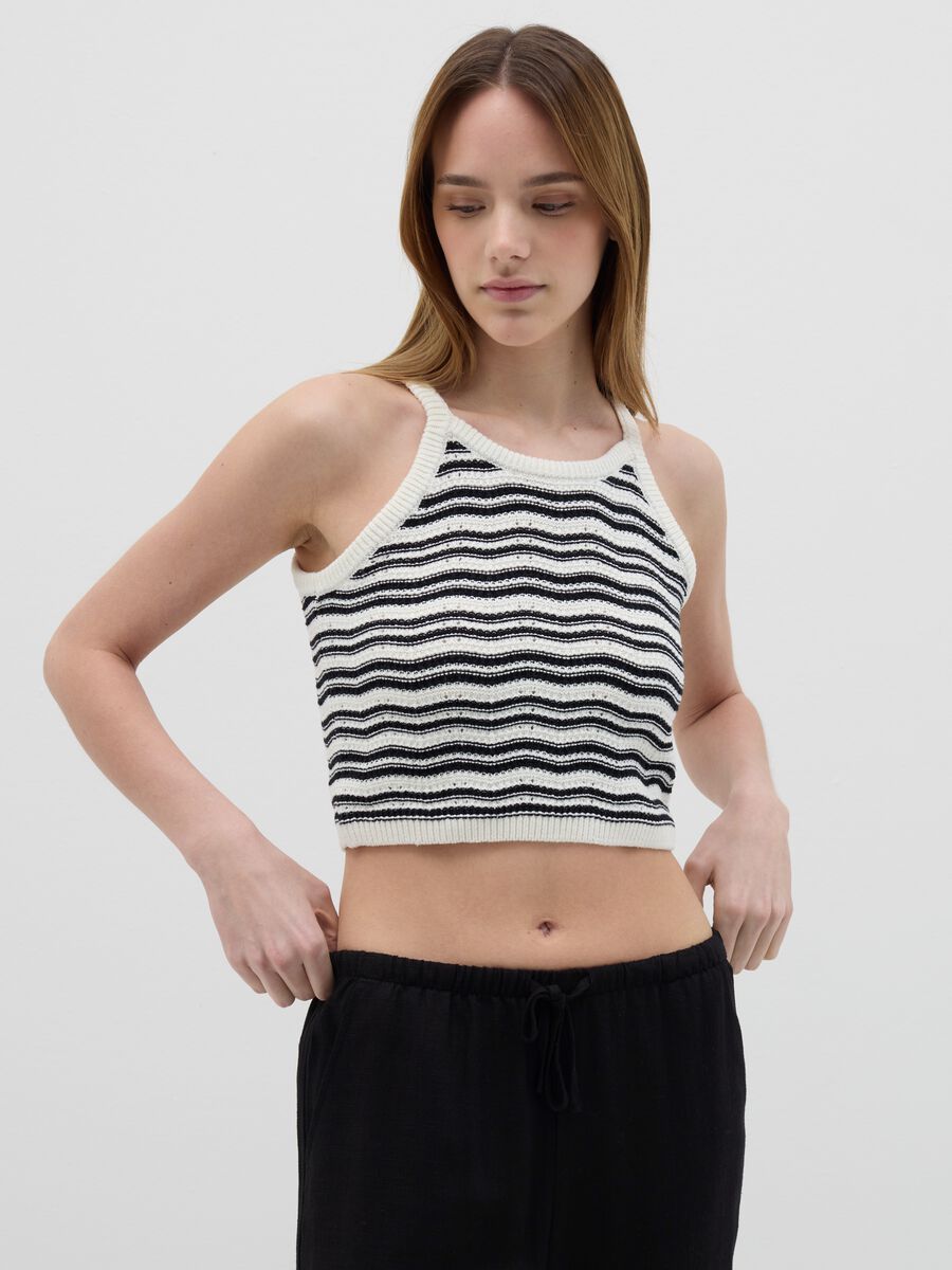 White and black striped cotton knit cropped top_0