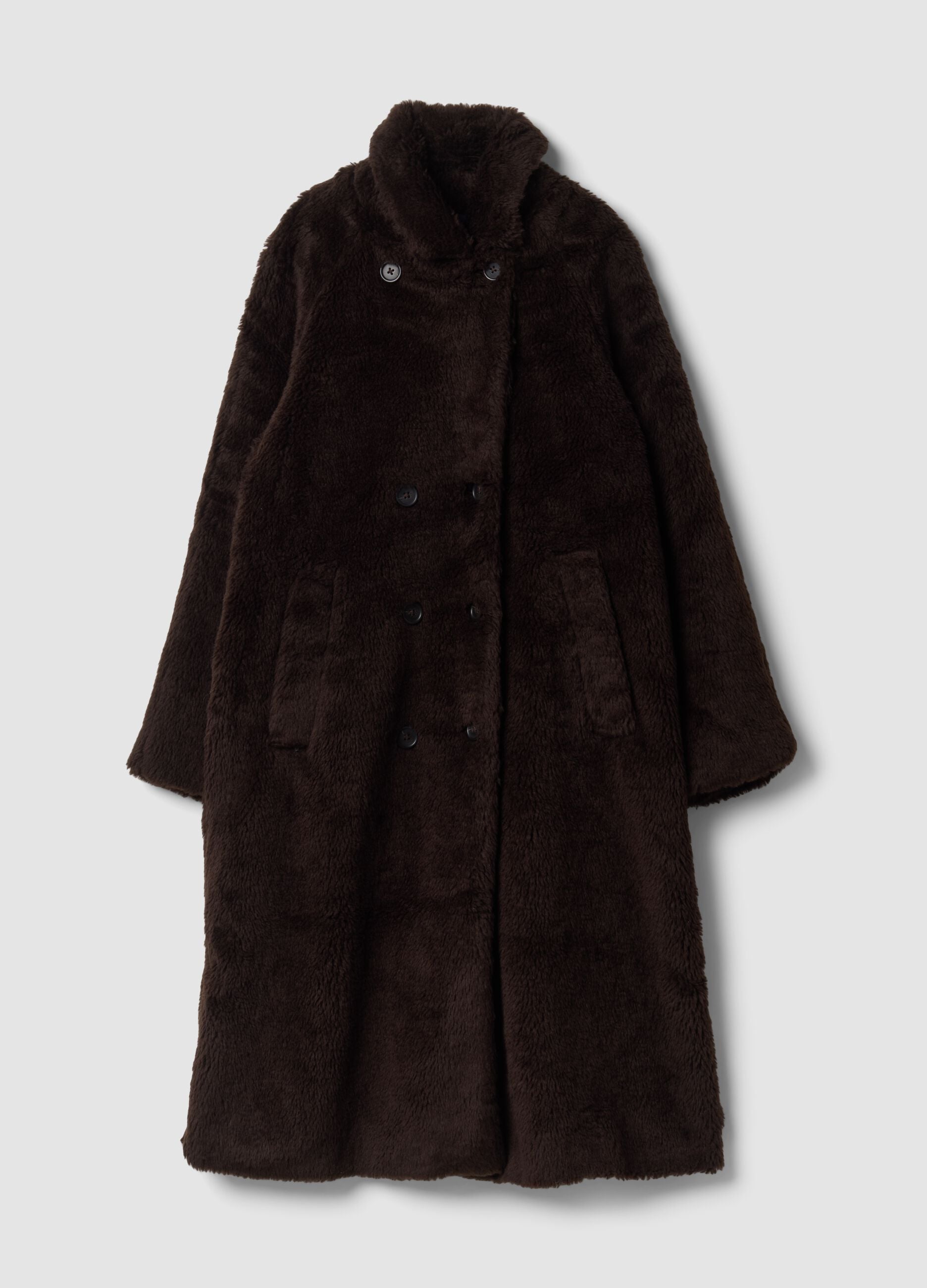Brown wool-blend teddy coat with oversized fit
