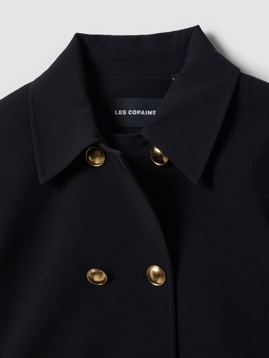 Blazer a doppio petto blu in viscosa elasticizzata con bottoni dorati_2