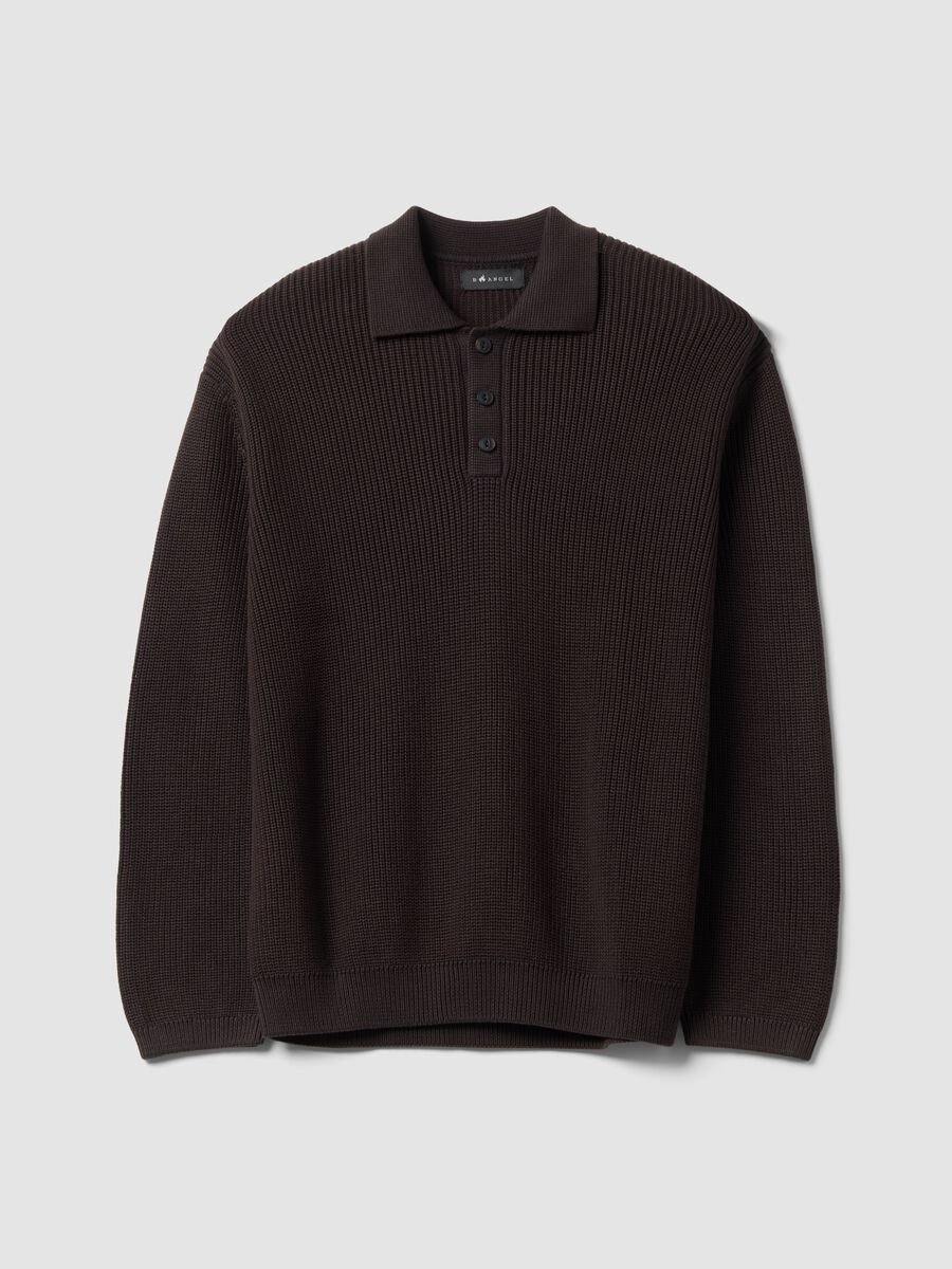 Maglia marrone in puro cotone con colletto polo over fit_0